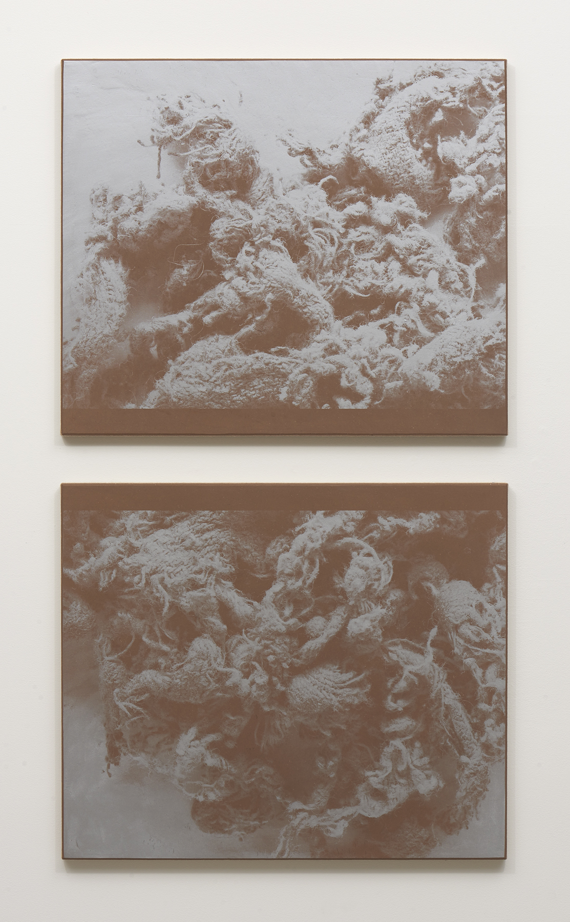   N. Dash , Untitled, 2018, Adobe, silkscreen ink, jute, wood and aluminum support, Two panels, each: 39 x 33 inches 