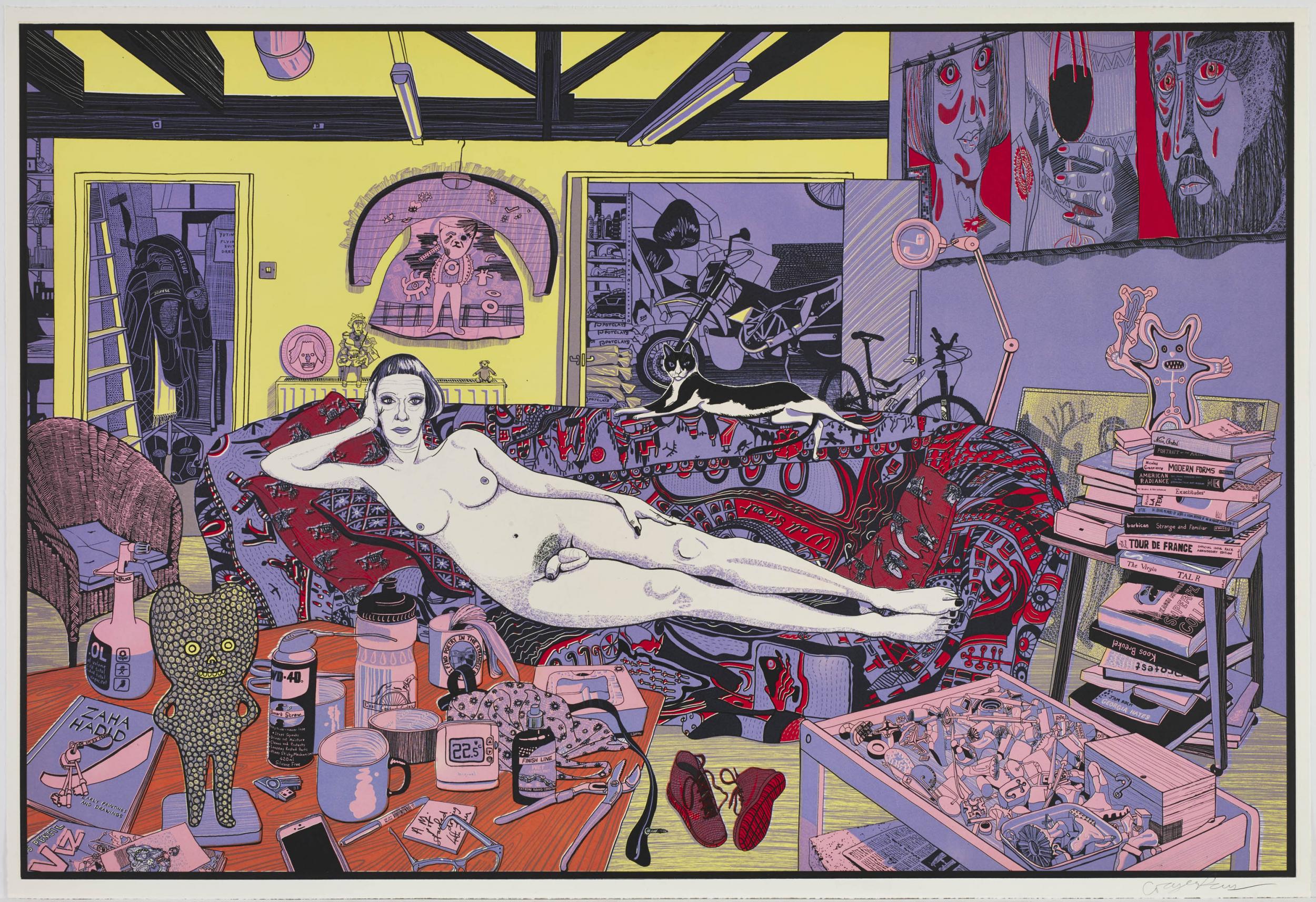  Grayson Perry,  Reclining Artist (small) , 2017, Color etching, 27 5/8 x 40 3/8 inches 