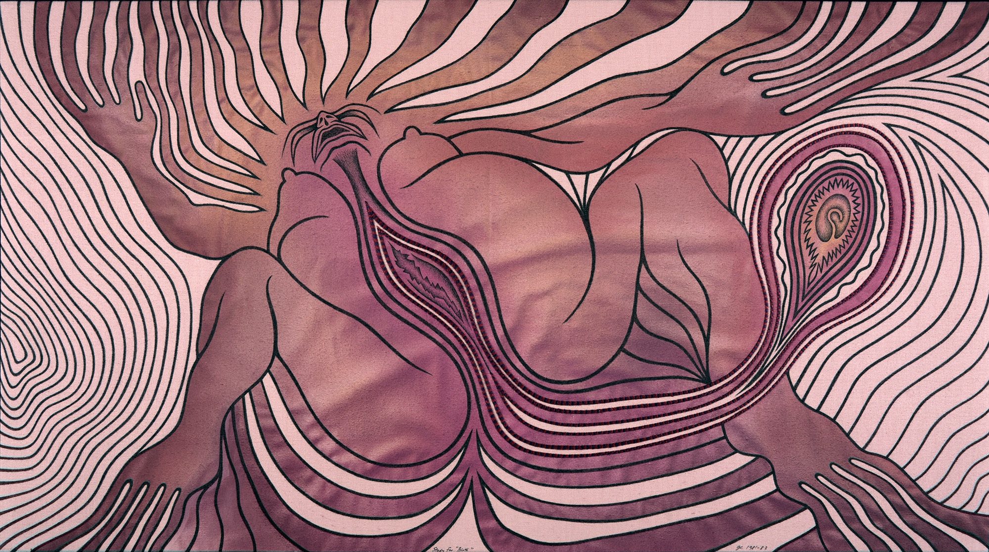  Judy Chicago,  Study for Birth 2 , 1981-1983, Sprayed paint, ink, and embroidery on fabric, 21 x 38 inches 