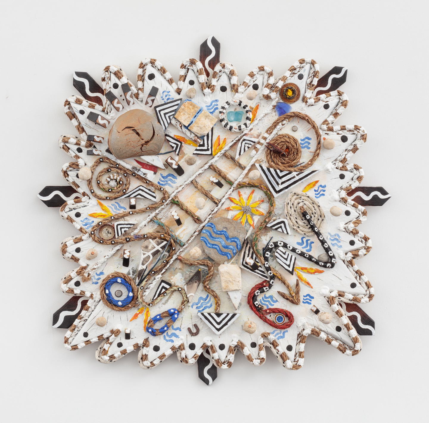  Daniel Rios Rodriguez and Kate Newby,  Passiflora Pirate Utopia , 2018, Oil, acrylic, rope nails, wood and other found materials on wood panel, 29 x 29 inches 