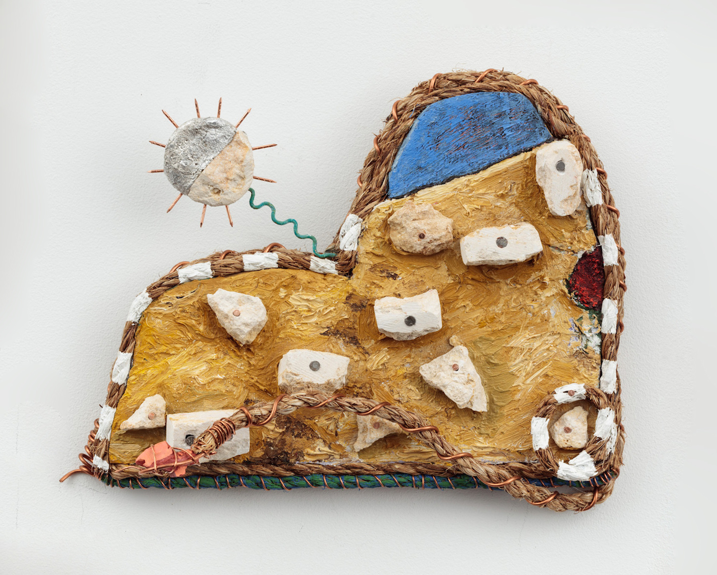  Daniel Rios Rodriguez,  Culebra , 2018, Oil, copper wire, rope, nails, acrylic, foil and limestone on wood, 11 x 9 inches 