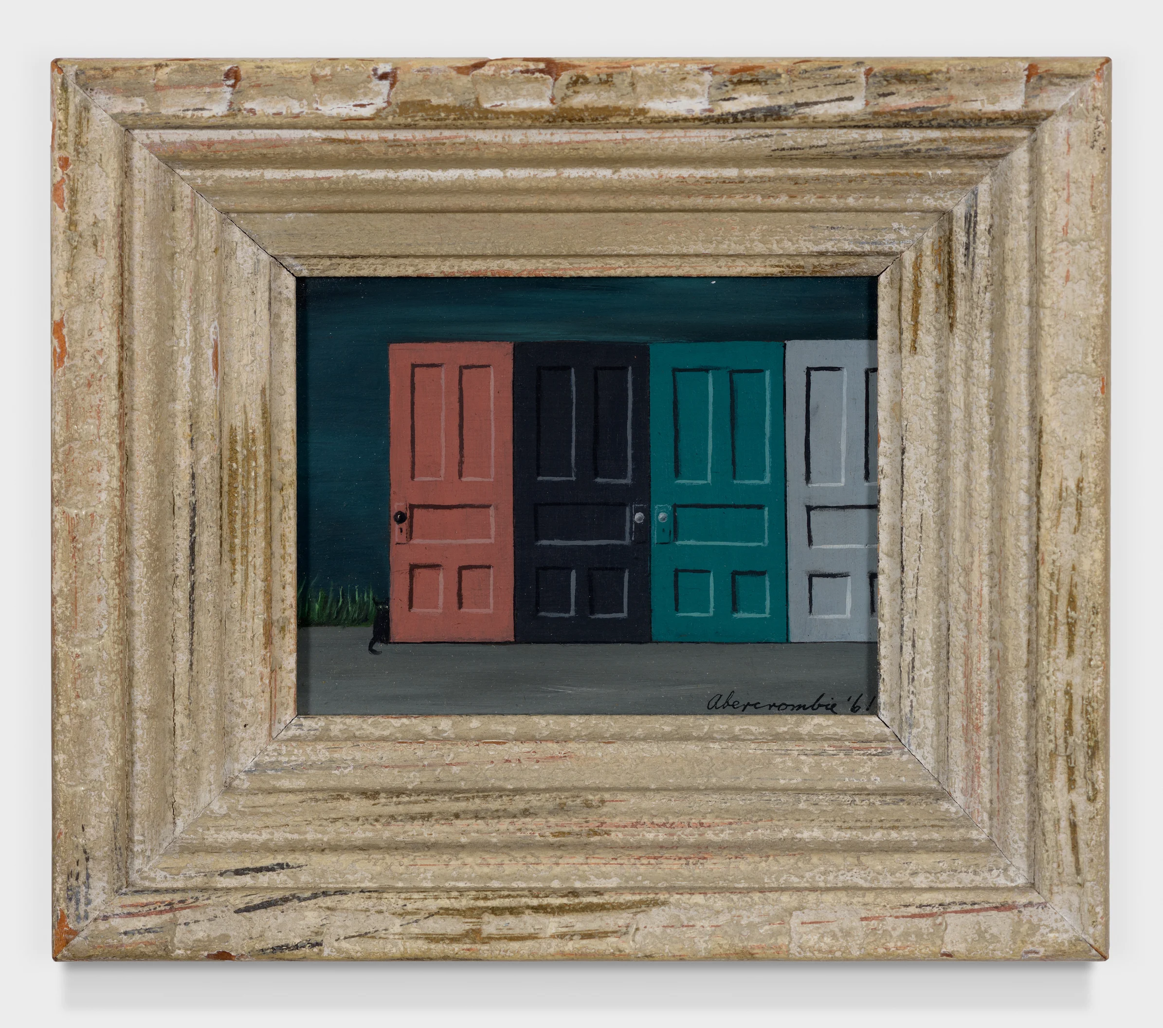 Doors with Black Cat, 1961, Oil on masonite, 4 × 5 inches (unframed); 6 3/4 × 7 3/4 inches (framed). Private collection, New York.