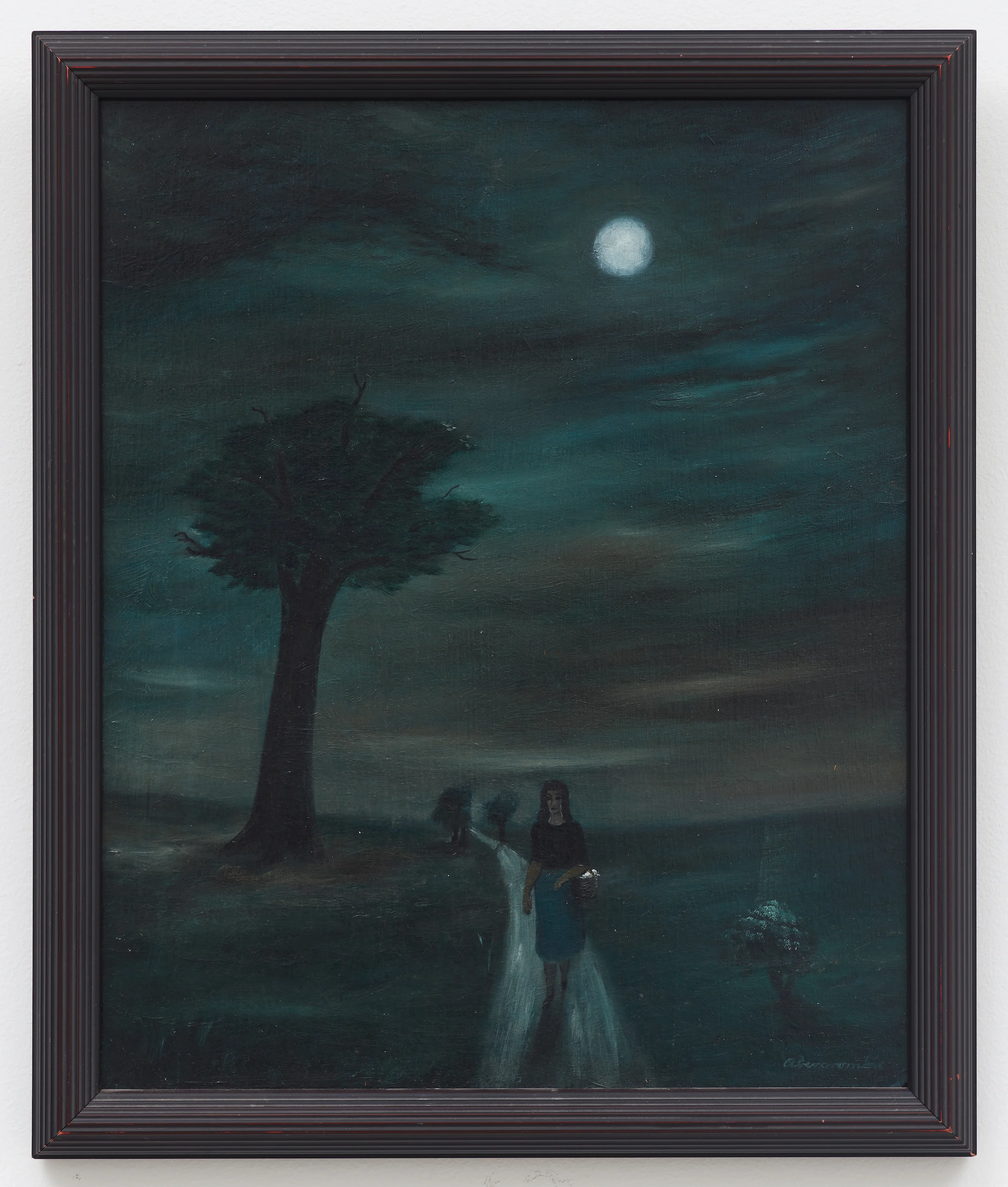 Untitled (Figure on Moonlit Path) , n.d., Oil on board, 16 3/4 × 13 3/4 inches (unframed); 18 1/2 × 15 1/2 inches (framed). Collection of Laura and Gary Maurer.