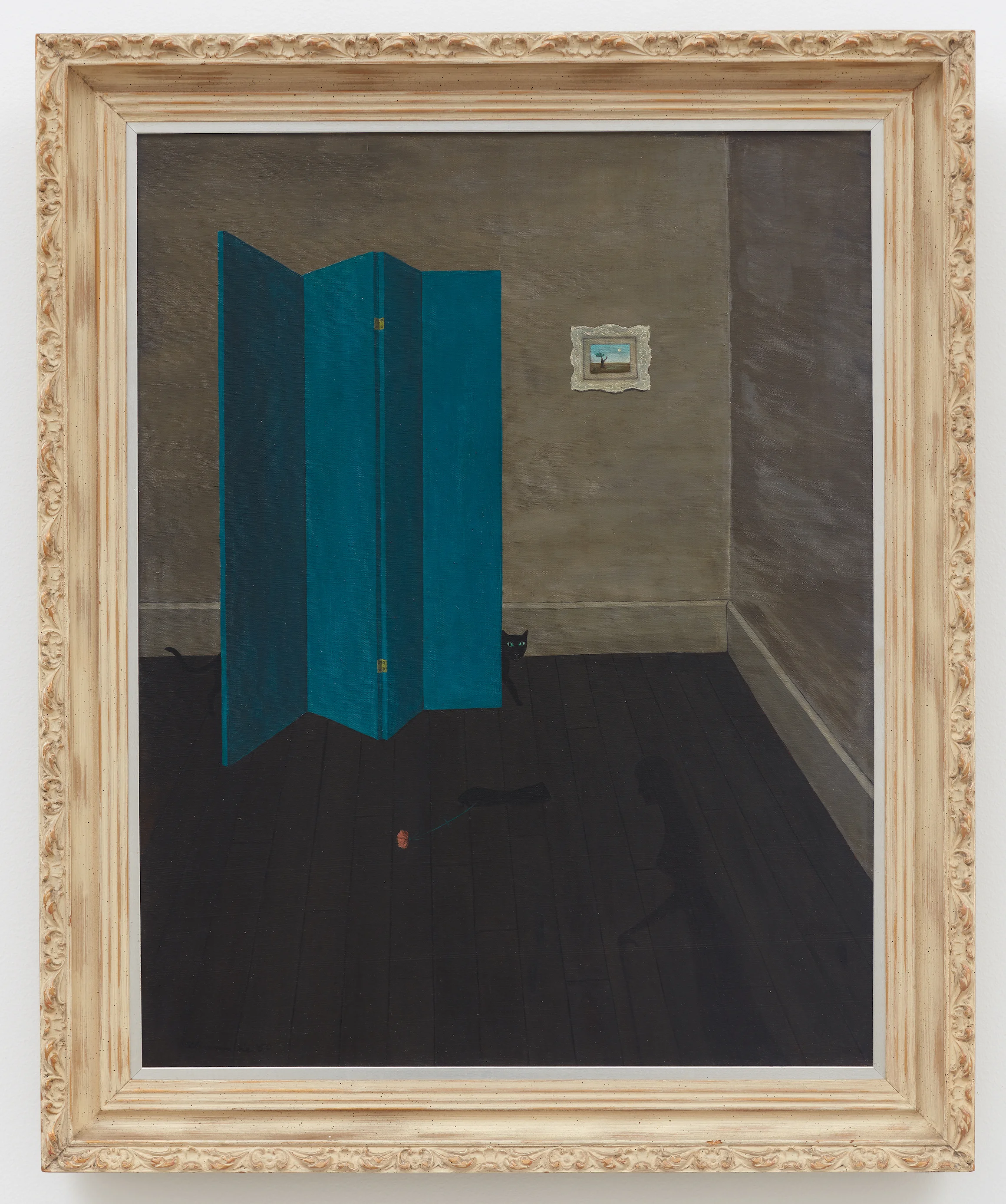 Screen, Shadow and Cats , 1950, Oil on canvas, 23 × 18 1/4 inches (unframed); 28 × 22 3/4 inches (framed). Illinois State Museum, Illinois Legacy Collection, museum purchase.
