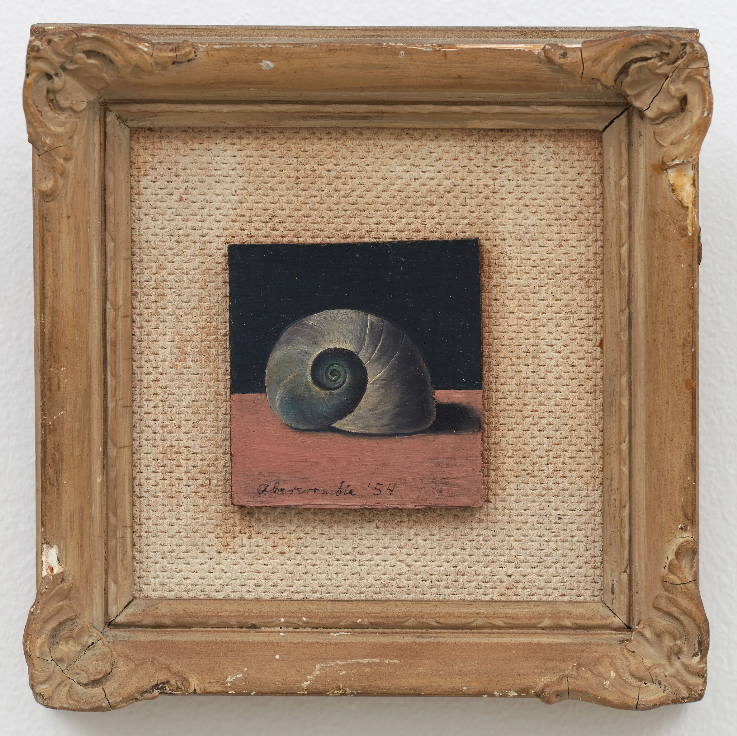 Shell Miniature, 1954, Oil on board, 2 1/8 × 2 inches (unframed); 12 × 8 inches (framed). Private collection.