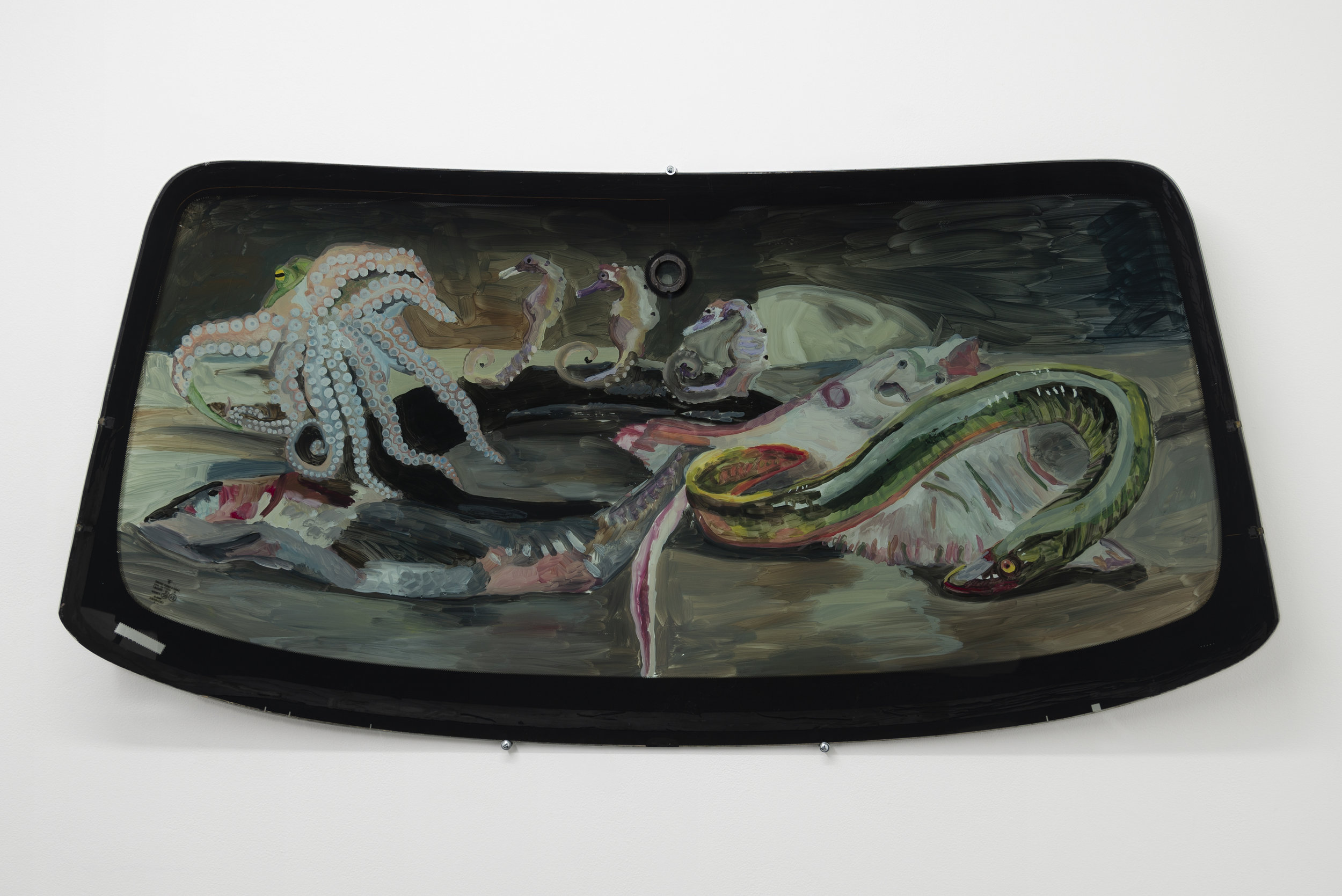  Jill Mulleady,  Still Life with Eel &amp; Octopus , 2018, Enamel on Porsche windshield, 29 x 58 in 