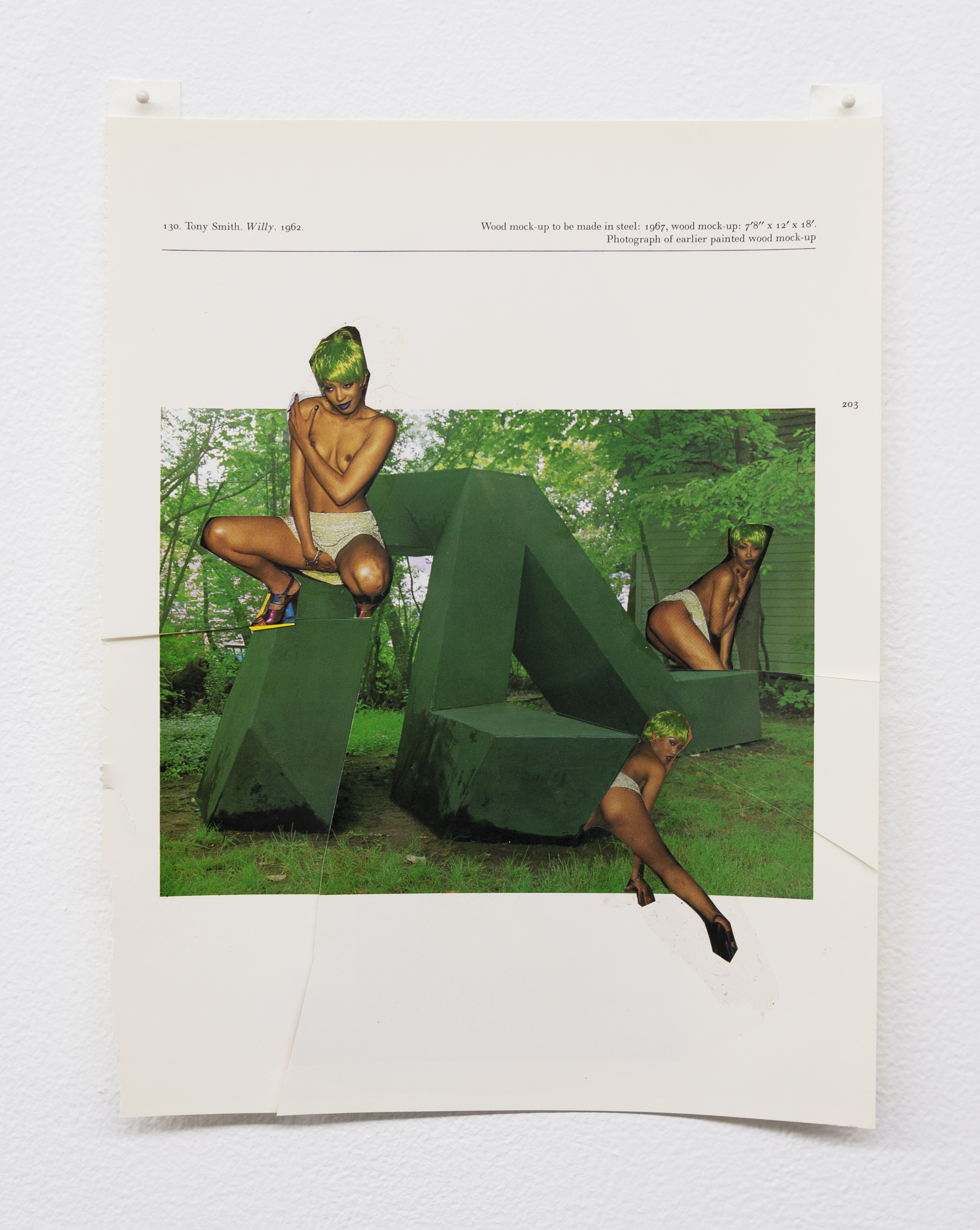  Narcissister,  Studies for Participatory Sculptures, Untitled (Posing in green wigs, after Tony Smith) , 2018, Paper, rubber cement, 10.75 x 8.5 in  