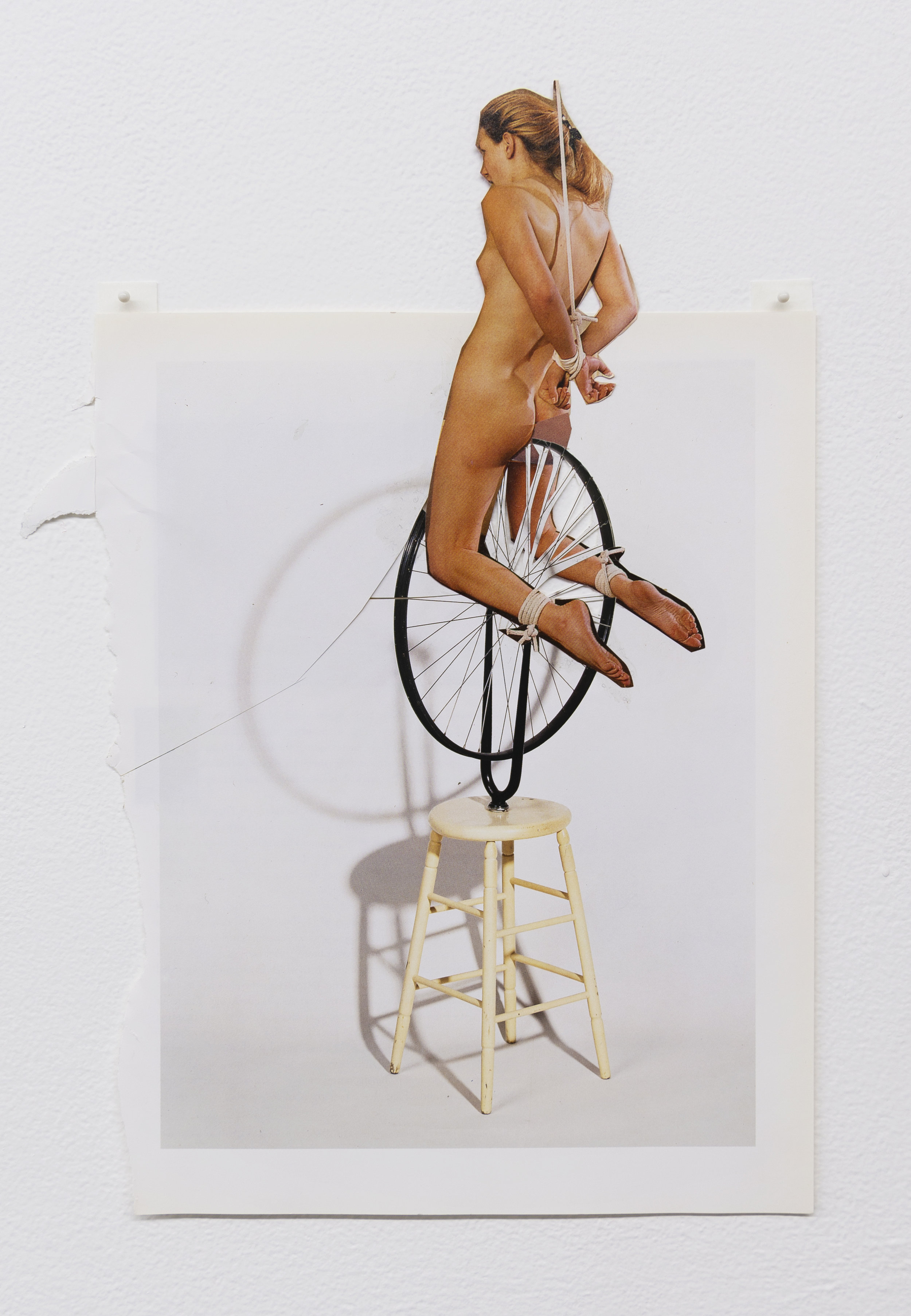  Narcissister,  Studies for Participatory Sculptures, Untitled (Bound to bicycle wheel, after Marcel Duchamp) , 2018, Paper, rubber cement, 14.75 x 10.5 in 