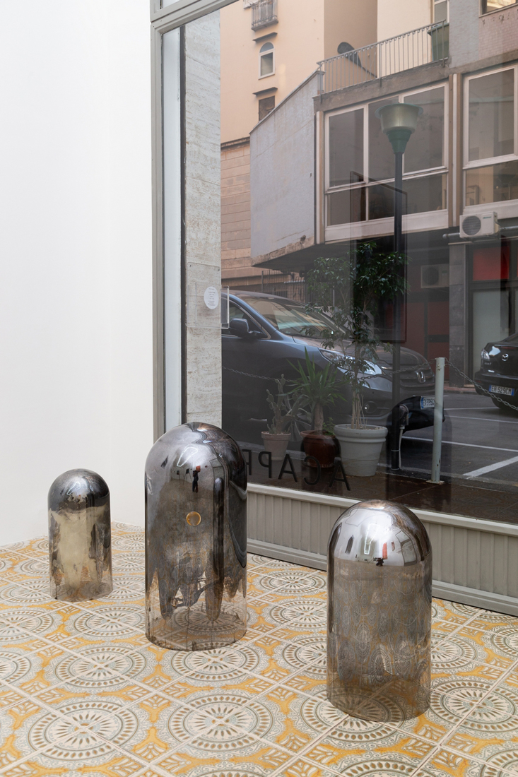 Hélène Fauquet, Untitled, 2018, glass dome, silver mirror, felt tape.jpg