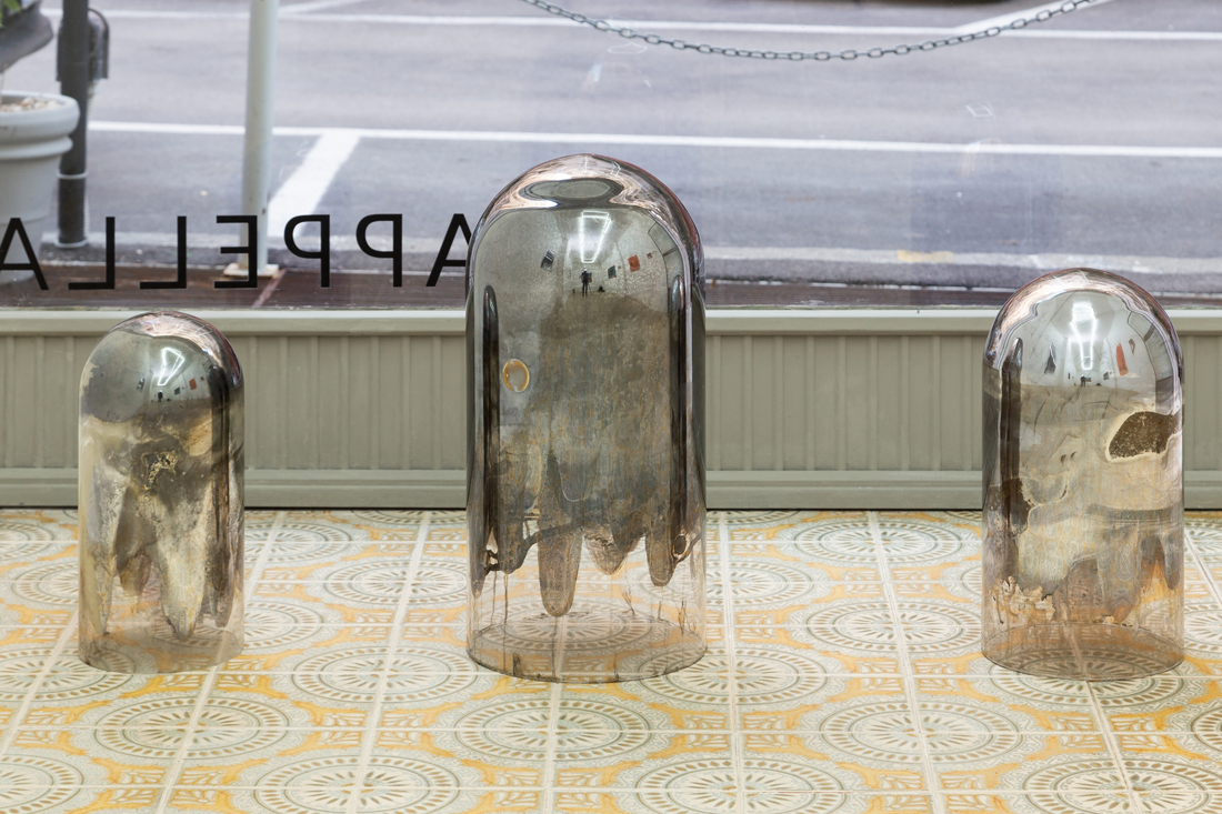 Hélène Fauquet, Untitled, glass dome, silver mirror, felt tape, various sizes 2018.png