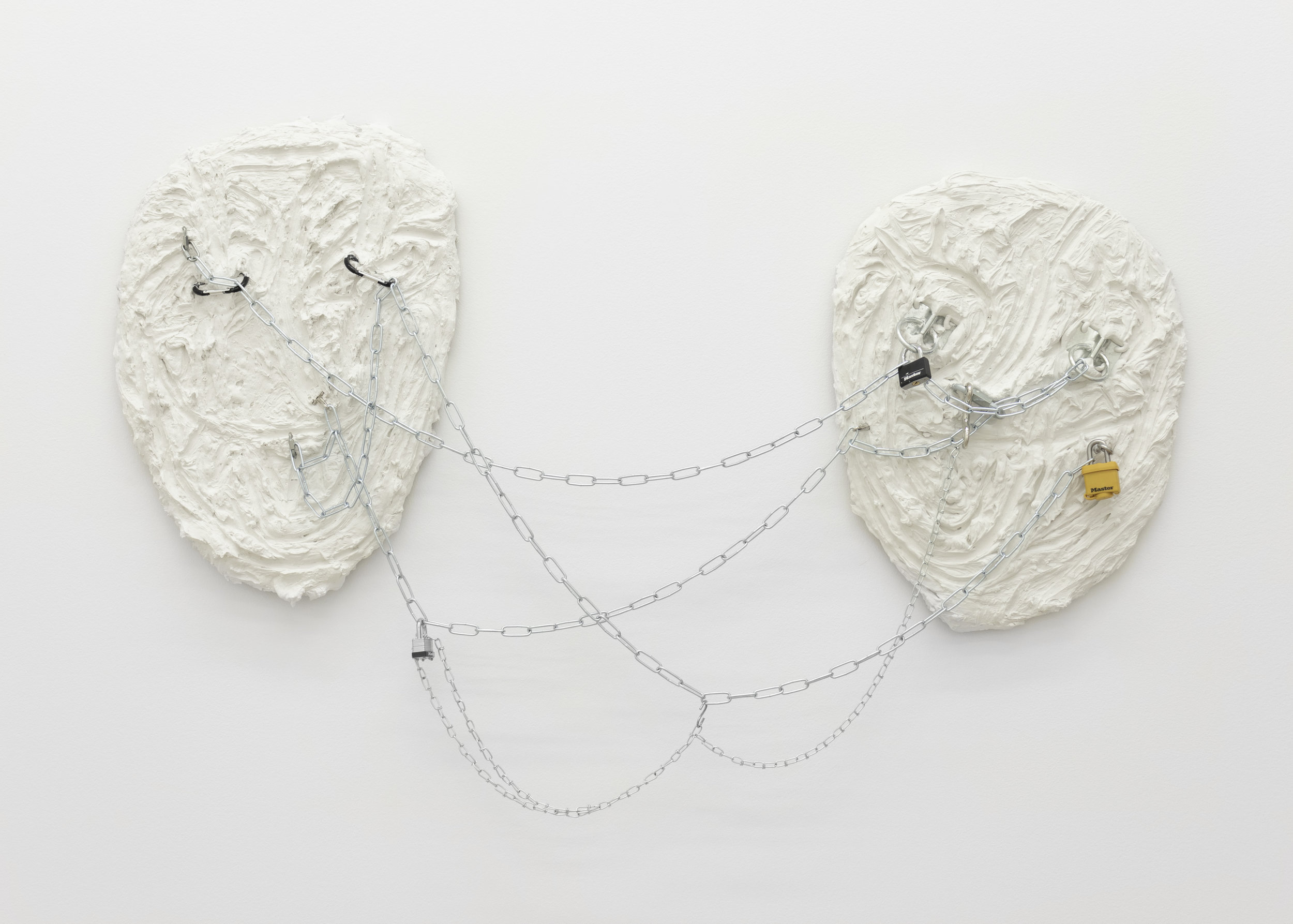  Chloe Siebert,  Double Hardware Expression , 2018, hardware, plaster, wire, and wood, 37 x 58 in. 