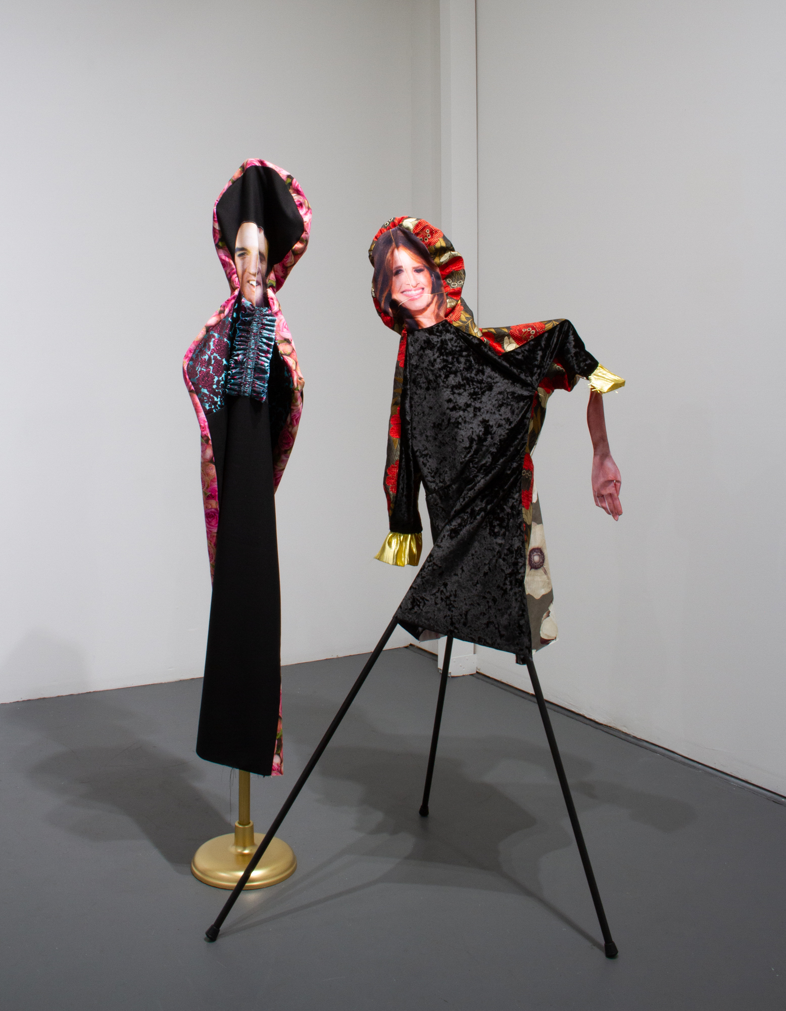  Bean Gilsdorf, Left:  Thin King,  2018, Wool, polyester, brocade, cotton, wood, paint, flag stand, approx. 72 x 12 x 12 in. Right:  MT,  2018, Velvet, cotton, polyester, chenille brocade, wood, paint, approx. 66 x 37 x 29 in. 