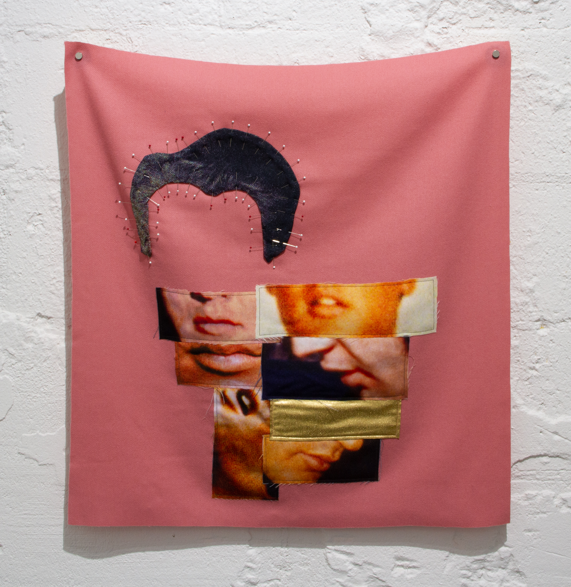  Bean Gilsdorf,  Golden Boy , 2017, Fabric collage with wool, polyester, lycra, pins, 26 x 24 in. 