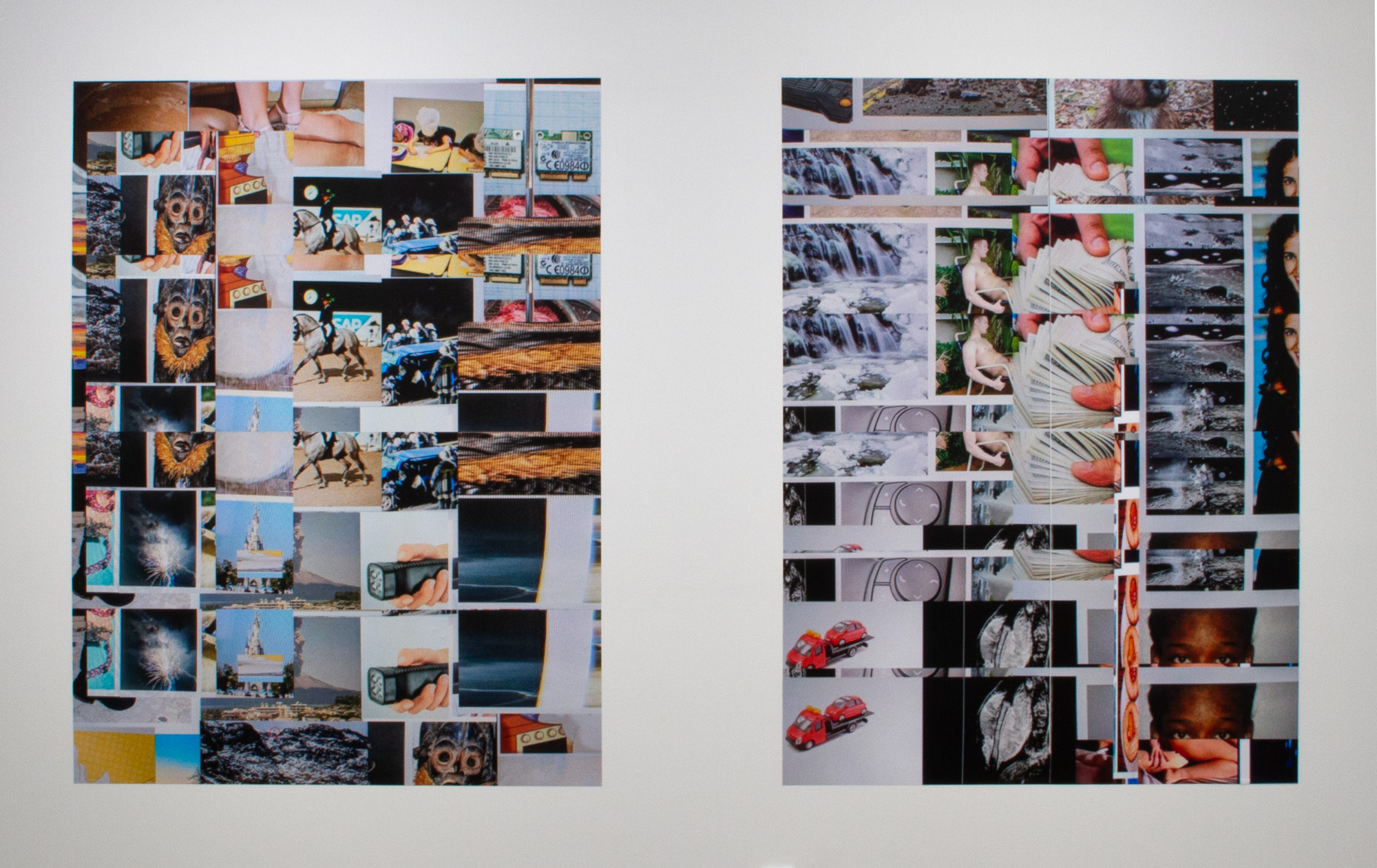  Anthony Discenza, Left:  Image Search Composition 2831-1542165551477 , 2018, Digital output on 3M Control-Tac vinyl, 67.7 x 50 in., ed. of 3 + AP + temporary exhibition copy. Right:  Image Search Composition 3140-1539913076358 , 2018, Digital output