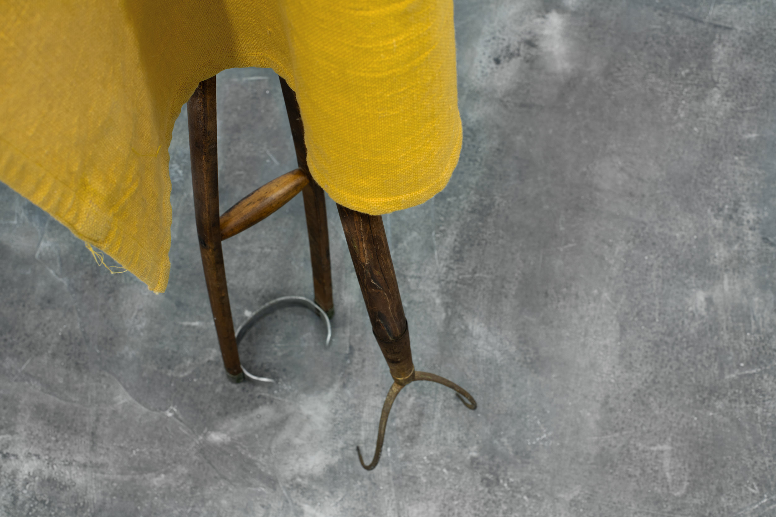 5_MHahn_(detail)%22The Farmer and the Crook%22_Found fabric, metal, wooden crutch and pitchfork_2018.jpg