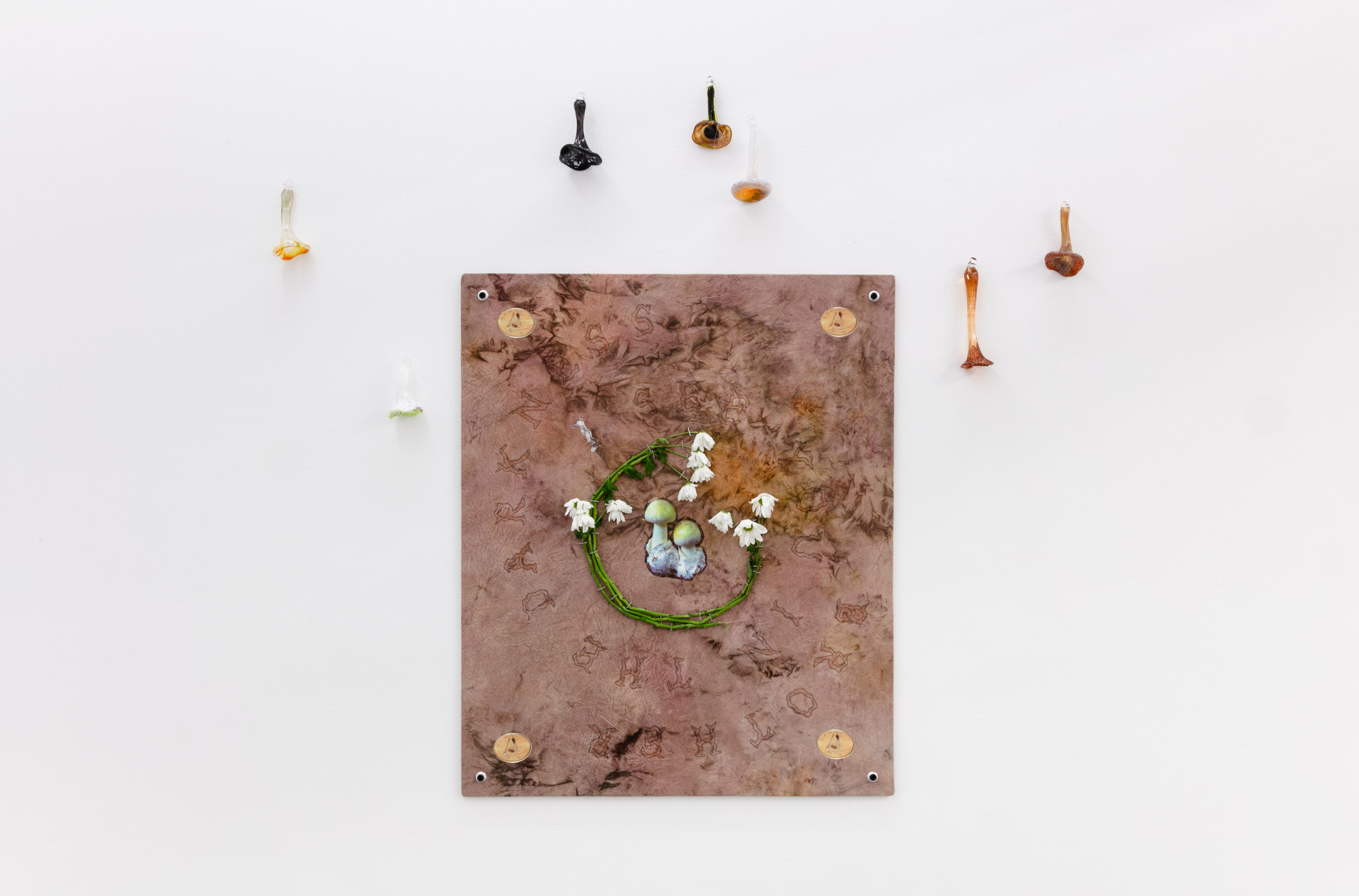  Elif Saydam,  See you in the darkness, brother,  2019 ,  Inkjet transfer, fresh cut flowers, aluminium grommets on dyed canvas, mounted on poplar board 