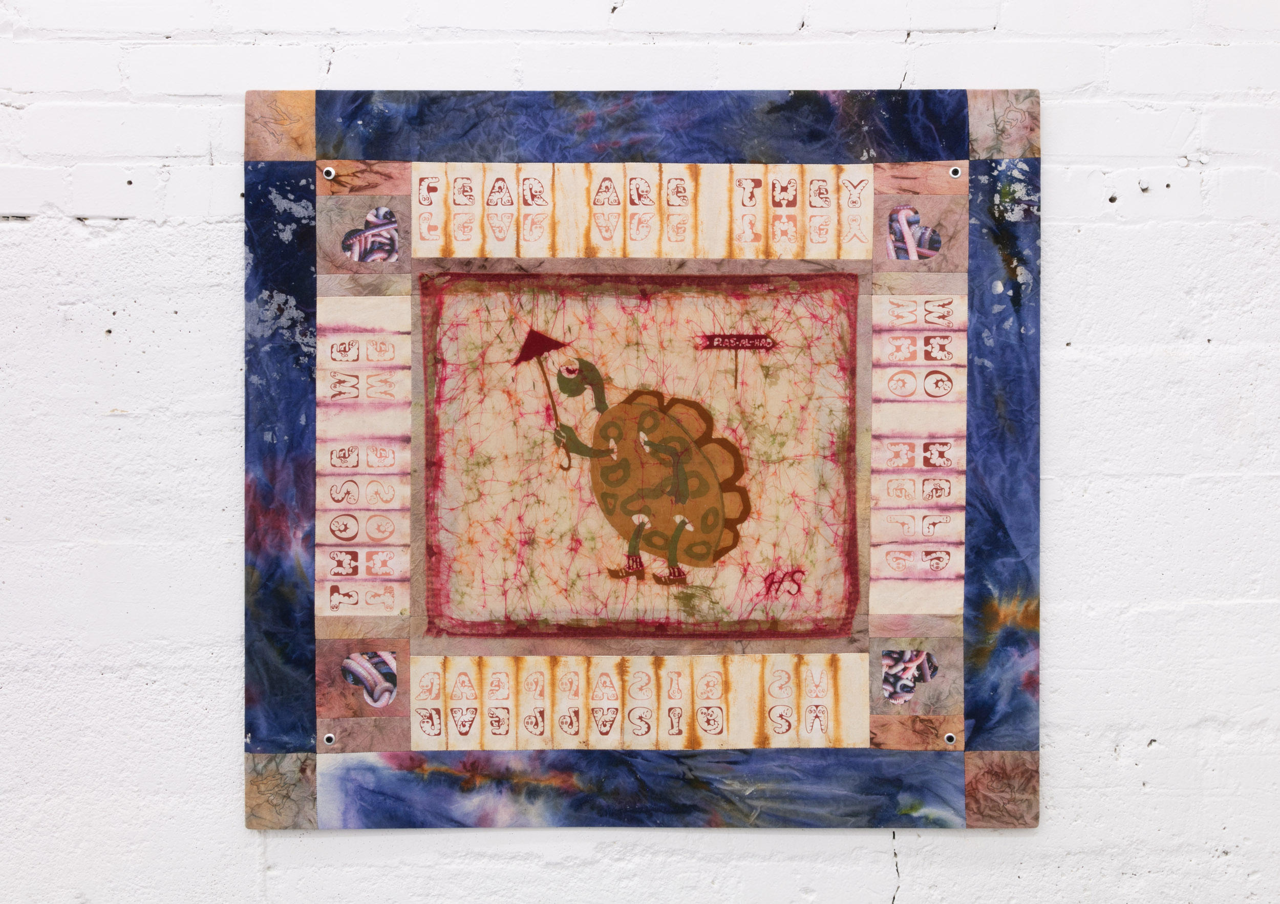 Elif Saydam,  Mutter Natur , 2019, Inkjet transfer, aluminium grommets on hand-stitched dyed canvas, featuring a Batik print c. 1988 by the artist’s mother, Hülya Saydam, mounted on poplar board 
