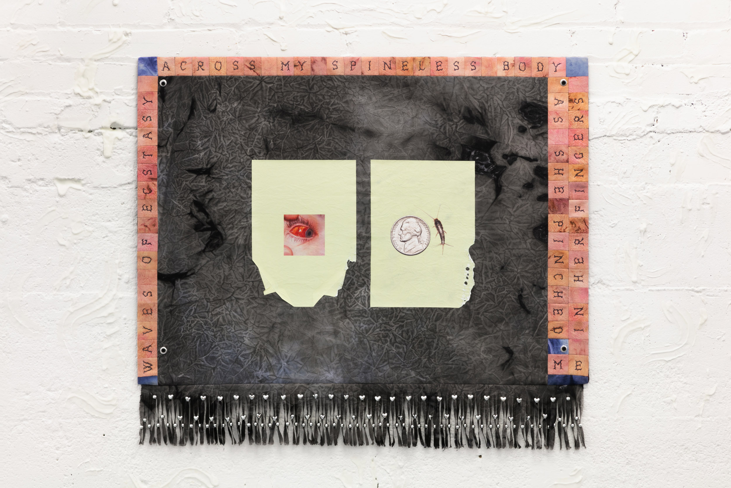  Elif Saydam,  Saccharina (Flesh and Sugar) , 2019, Inkjet transfer, aluminium grommets, plastic beads on hand- stitched dyed canvas, mounted on poplar board; icing sugar 