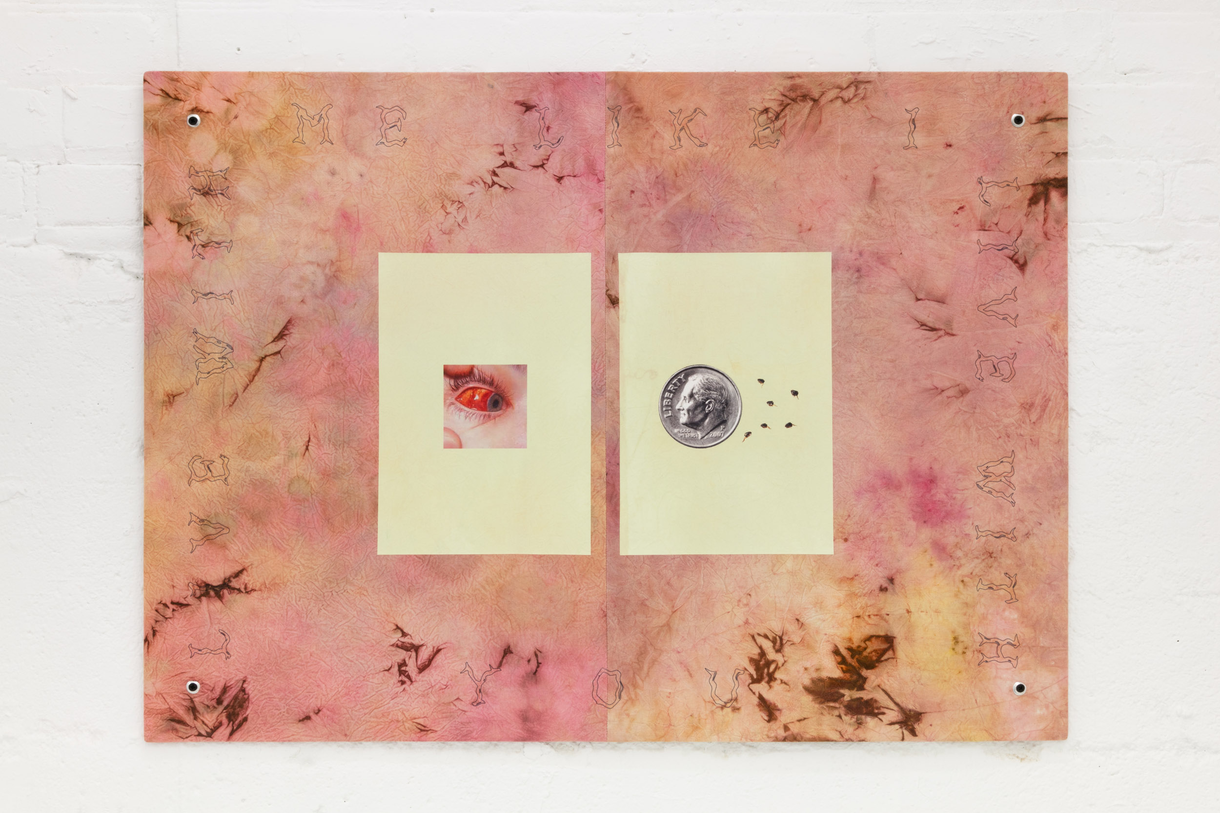  Elif Saydam,  Live with me like I live with you , 2019, Inkjet transfer, aluminium grommets on dyed canvas, mounted on poplar board 