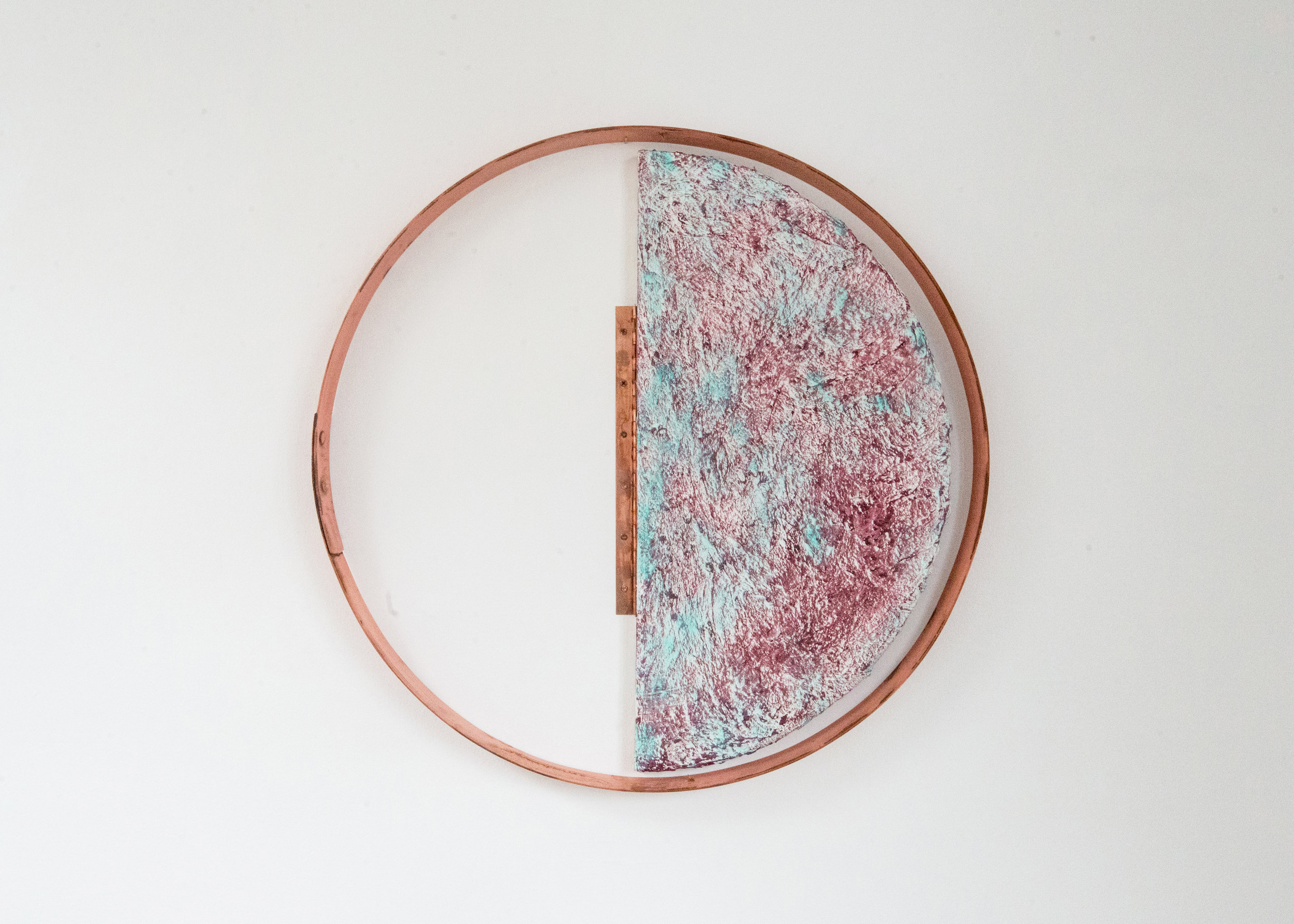  Lana Williams,  Moon Block , 2018. Acrylic, oil, sculptamold, copper plated steel, copper plated hinge. 25.5 x 25.5 inches     