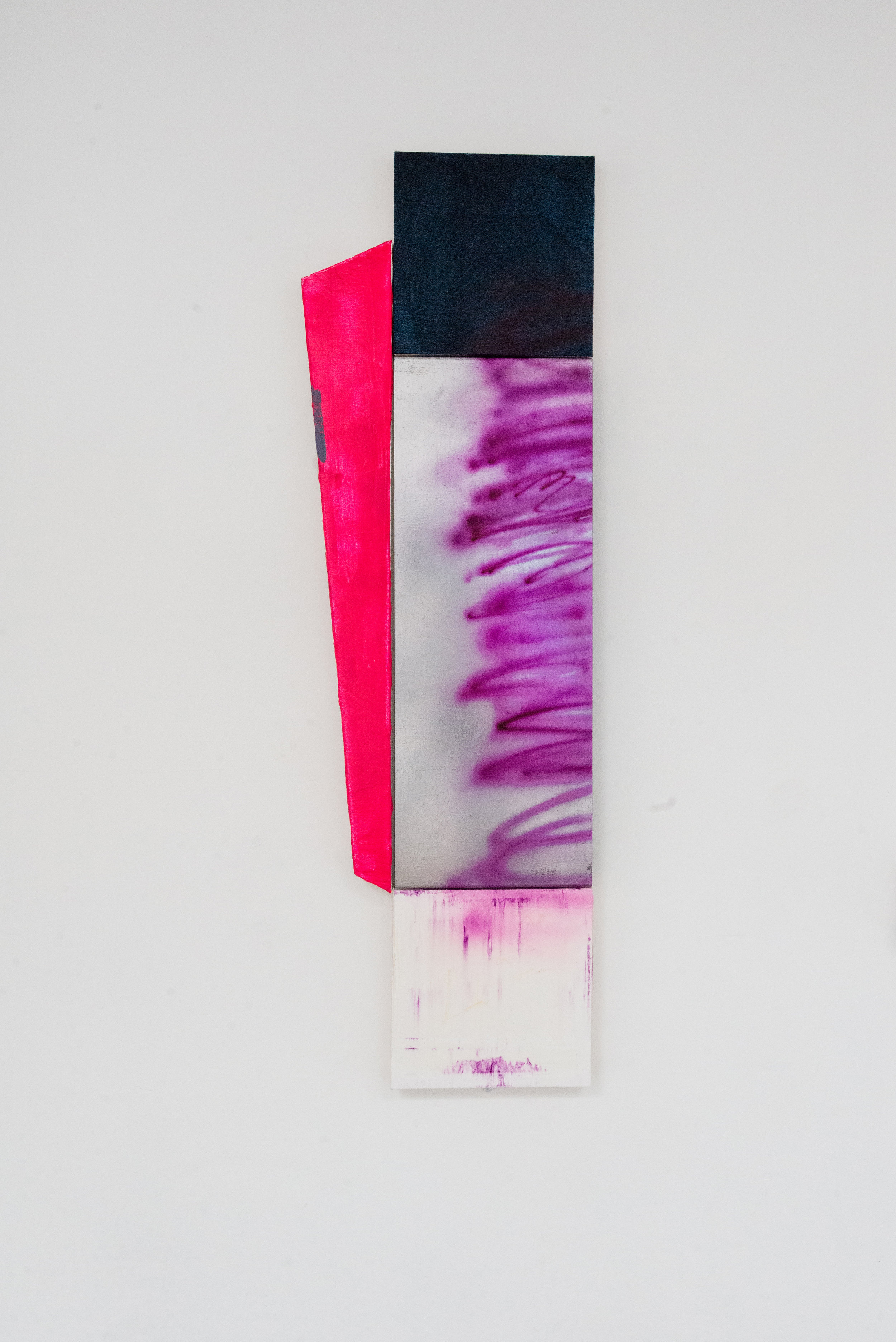  Lana Williams,  Role Reversal , 2018. Acrylic, smoke pigment, and oil on canvas, steel. 33 3/8 x 13 1/4 inches     