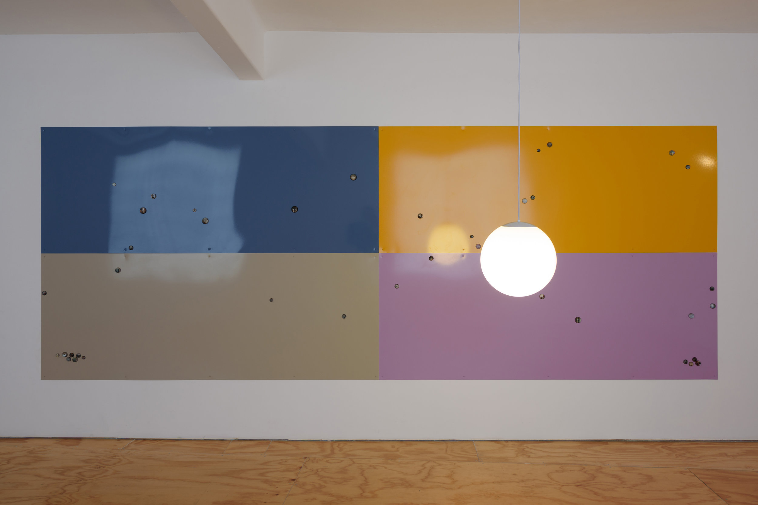  Noah Barker,  Franco Solinas Constellator , 2019, Powder-coated steel, lamp, acrylic, C-print, magnets, 182 x 488 cm 