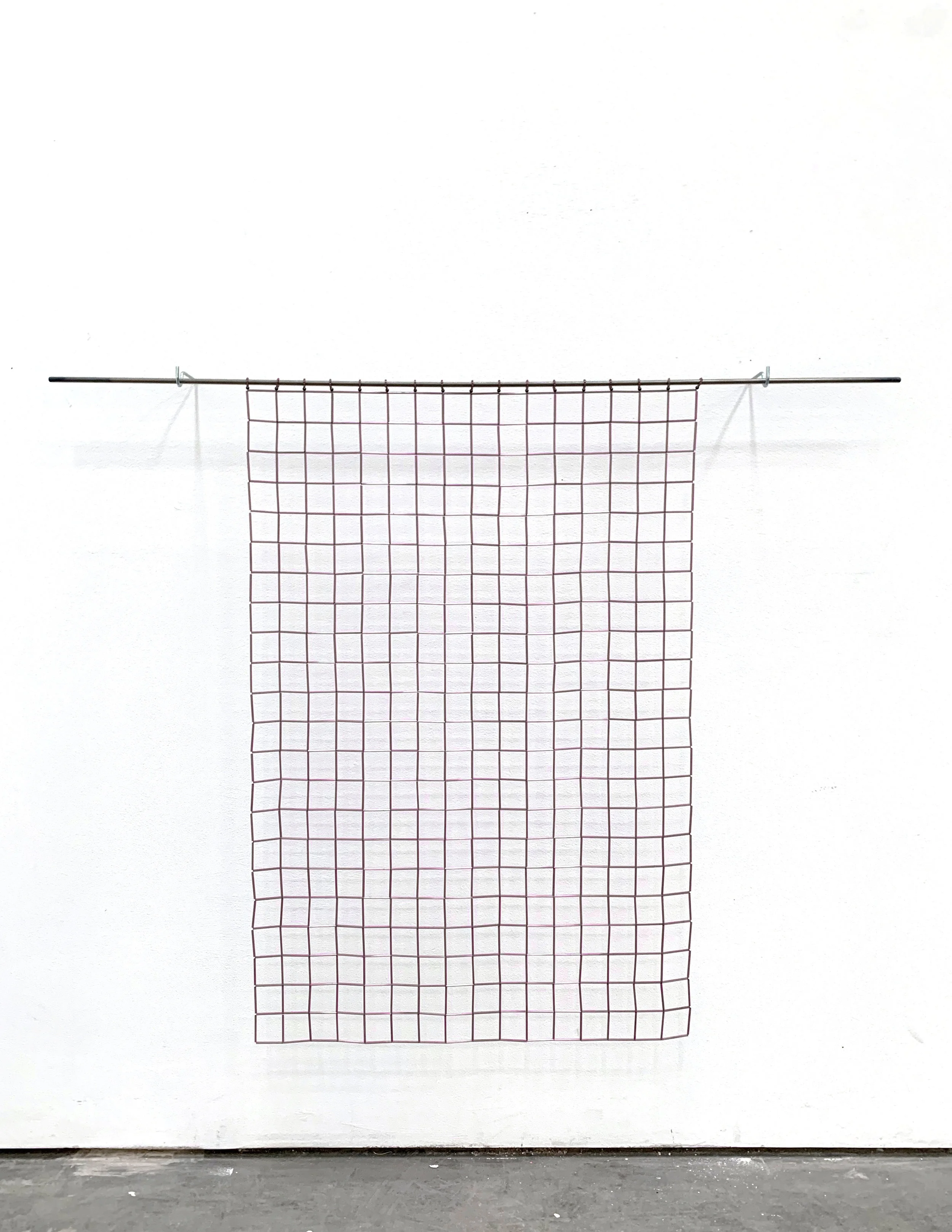 Jerome Rivera Pansa, G.M.T.x352 , 2019 Glass bugle, threaded rod, hematite, nylon, 36 x 29 inches