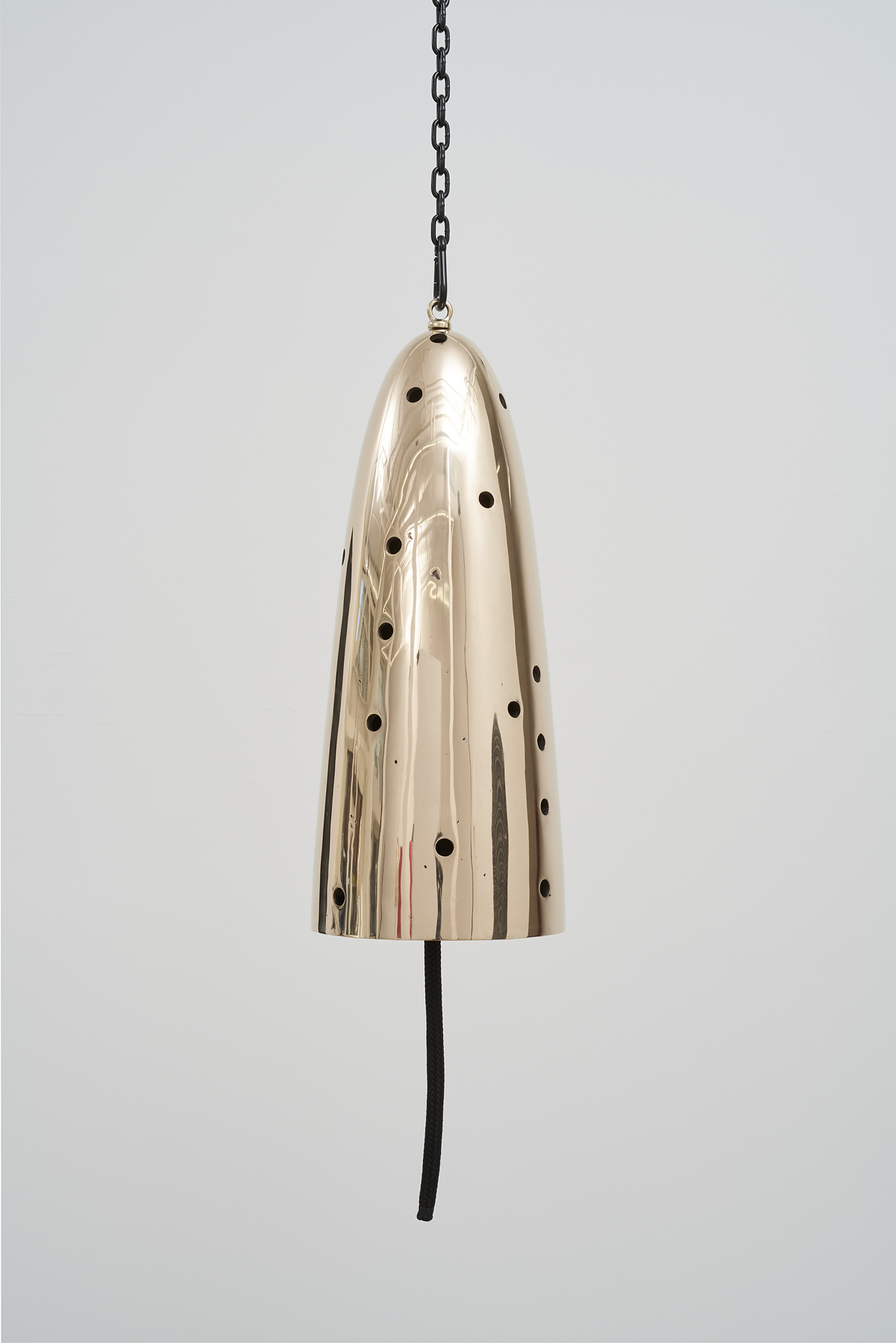  Davina Semo,  Messenger , 2019, Polished and patinated cast bronze bell, whipped., nylon line, wooden clapper, powder-coated chain, hardware, Bell: 32 inches tall x 13 inches diameter / 81 cm tall x 33 cm diameter, overall dimensions variable 