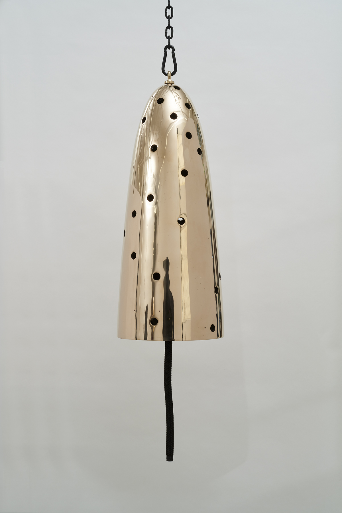  Davina Semo,  Seducer , 2019, Polished and patinated cast bronze bell, whipped., nylon line, wooden clapper, powder-coated chain, hardware, Bell: 32 inches tall x 13 inches diameter / 81 cm tall x 33 cm diameter, overall dimensions variable 