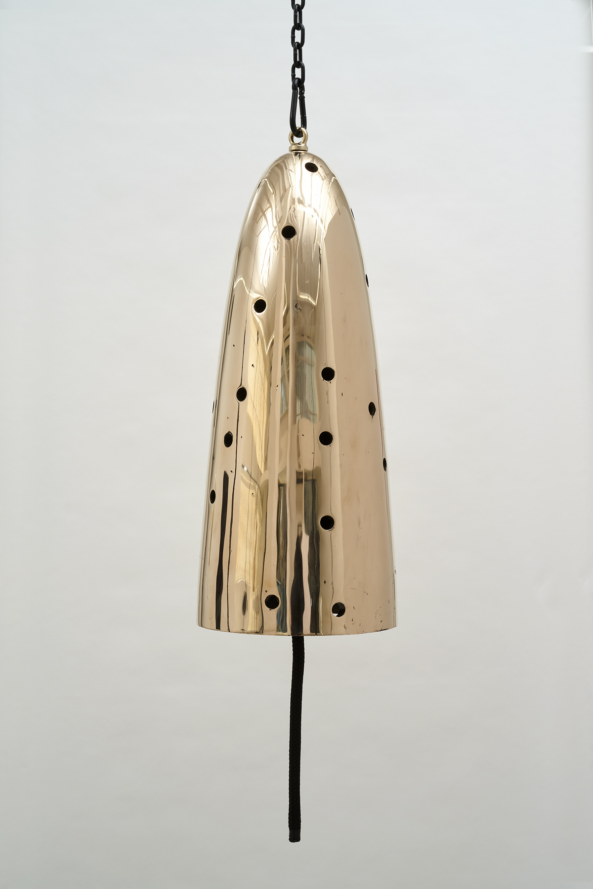  Davina Semo,  Vibrator , 2019, Polished and patinated cast bronze bell, whipped., nylon line, wooden clapper, powder-coated chain, hardware, Bell: 32 inches tall x 13 inches diameter / 81 cm tall x 33 cm diameter, overall dimensions variable 