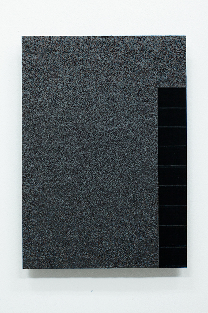  Anders Sletvold Moe. Black Letter # 27 (Granular Surface), 2014. Oil and acrylic on plexi glass. 8.27 x 11.69 inches.     