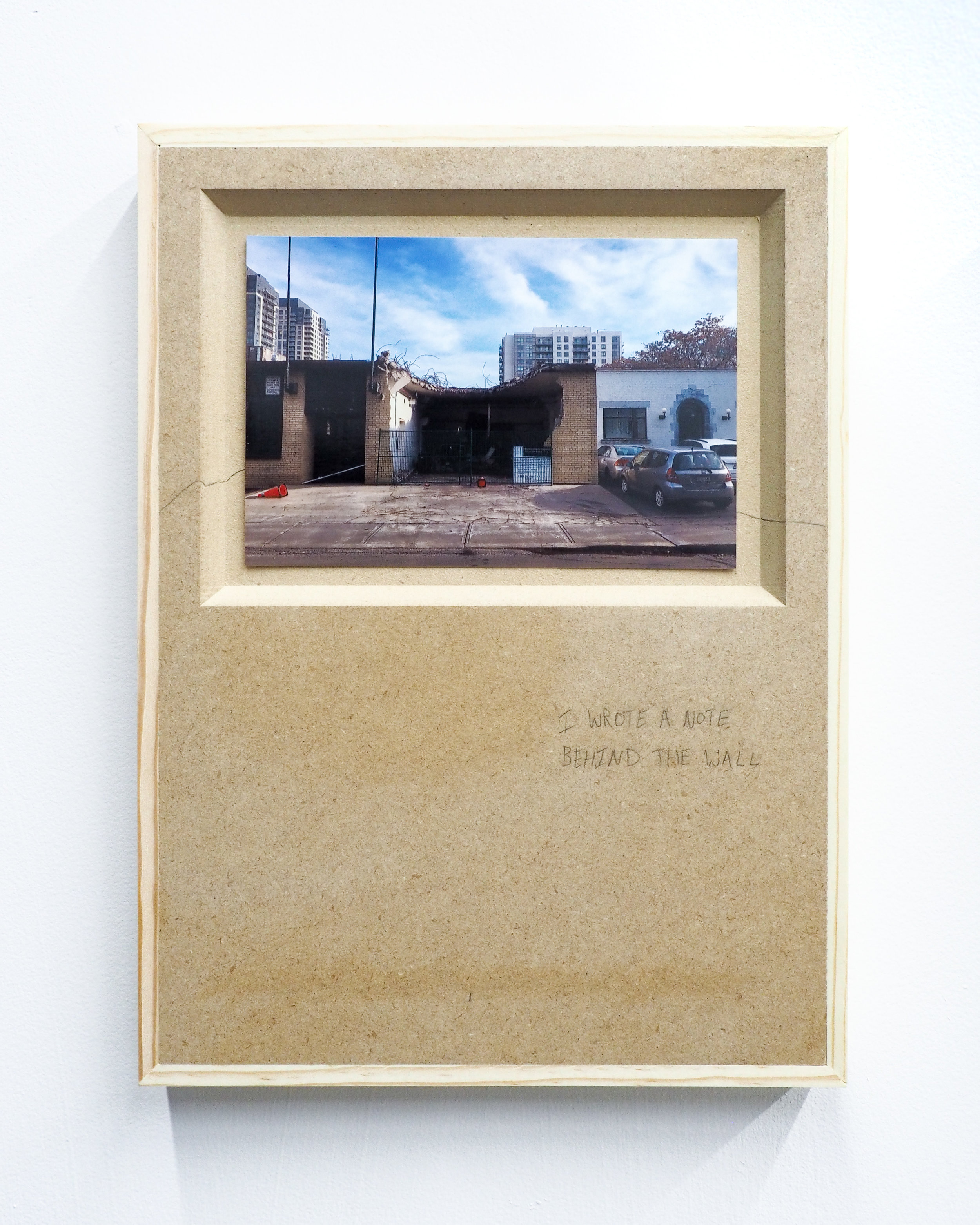  Parker Kay,  I WROTE A NOTE BEHIND THE WALL,  2019 digital photograph (4"x6") mounted on MDF panel with pencil drawing 11"x9" 