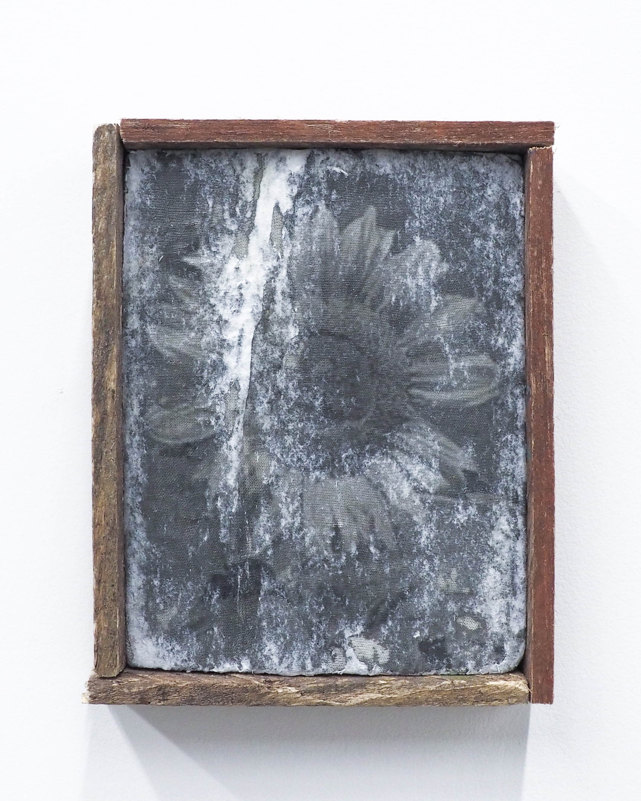  Garrett Lockhart,  Little sunflower , 2019, laser print on cotton, found plank, salvaged wood 6” x 7.5” 