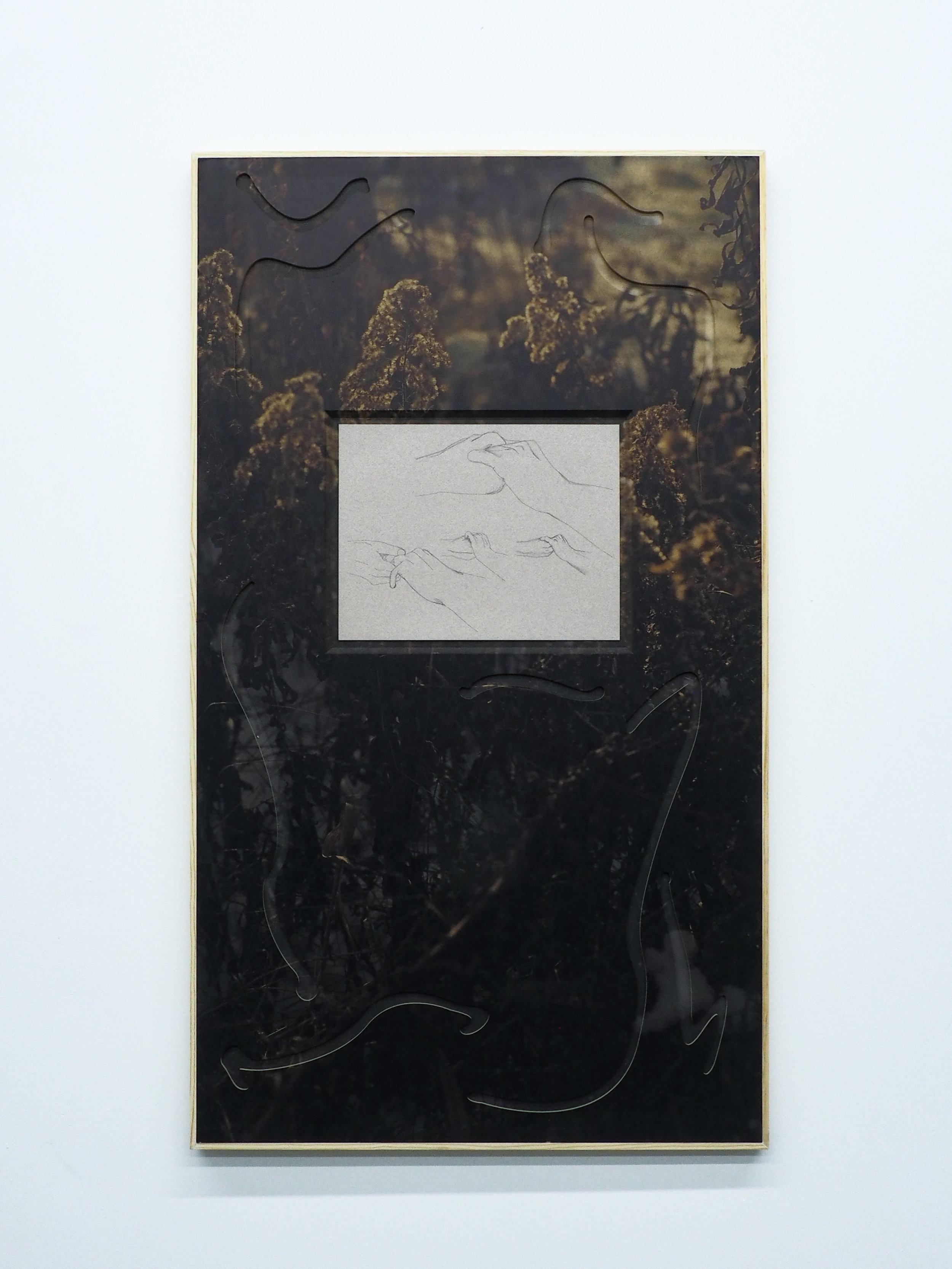  Parker Kay,  Second Lake Island Struck by Lightning , 2019, UV Print on custom MDF panel, pencil on paper 38.5"x22" 