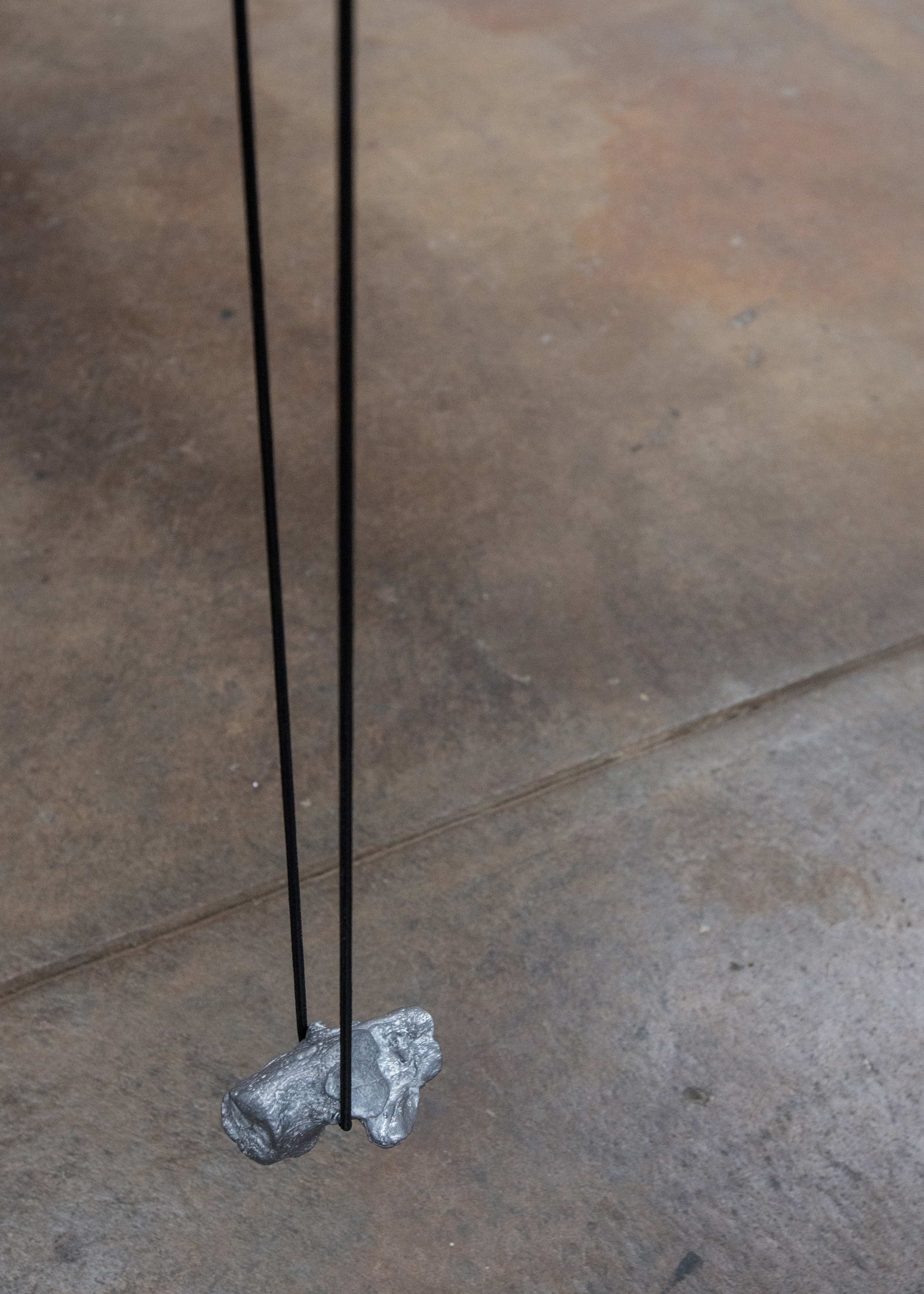  Lauren McKeon,  Extension cord , 2019, lead cast heel bone, shock cord 