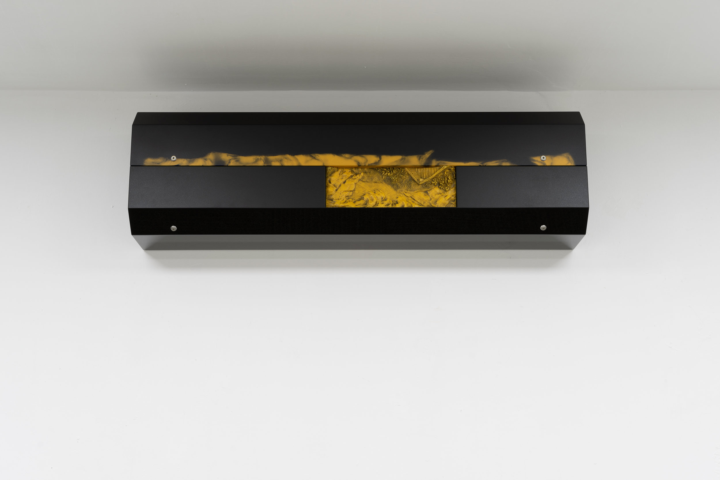  Philip Seibel,  Radiator (The Yellow Mill),  2019, 104 x 30 x 20 cm, Mdf, found and altered wax relief, PUR paint, UP resin, oil paint, screws 
