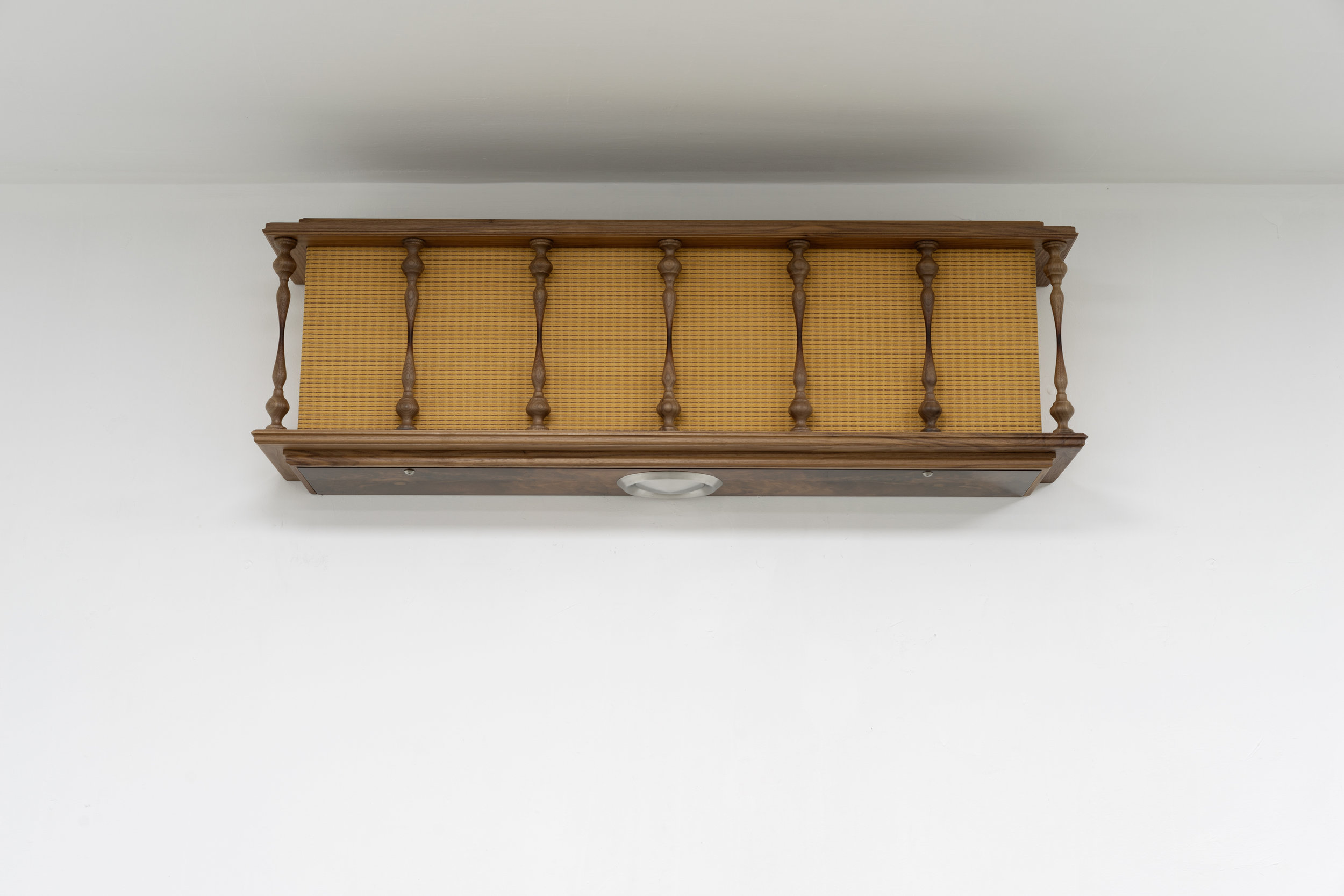  Philip Seibel,  Radiator (Columns),  2019, 106 x 32 x 21 cm, walnut wood, mdf, veneer, PUR paint, UP resin, speaker cloth, stainless steel vent cover, screws 