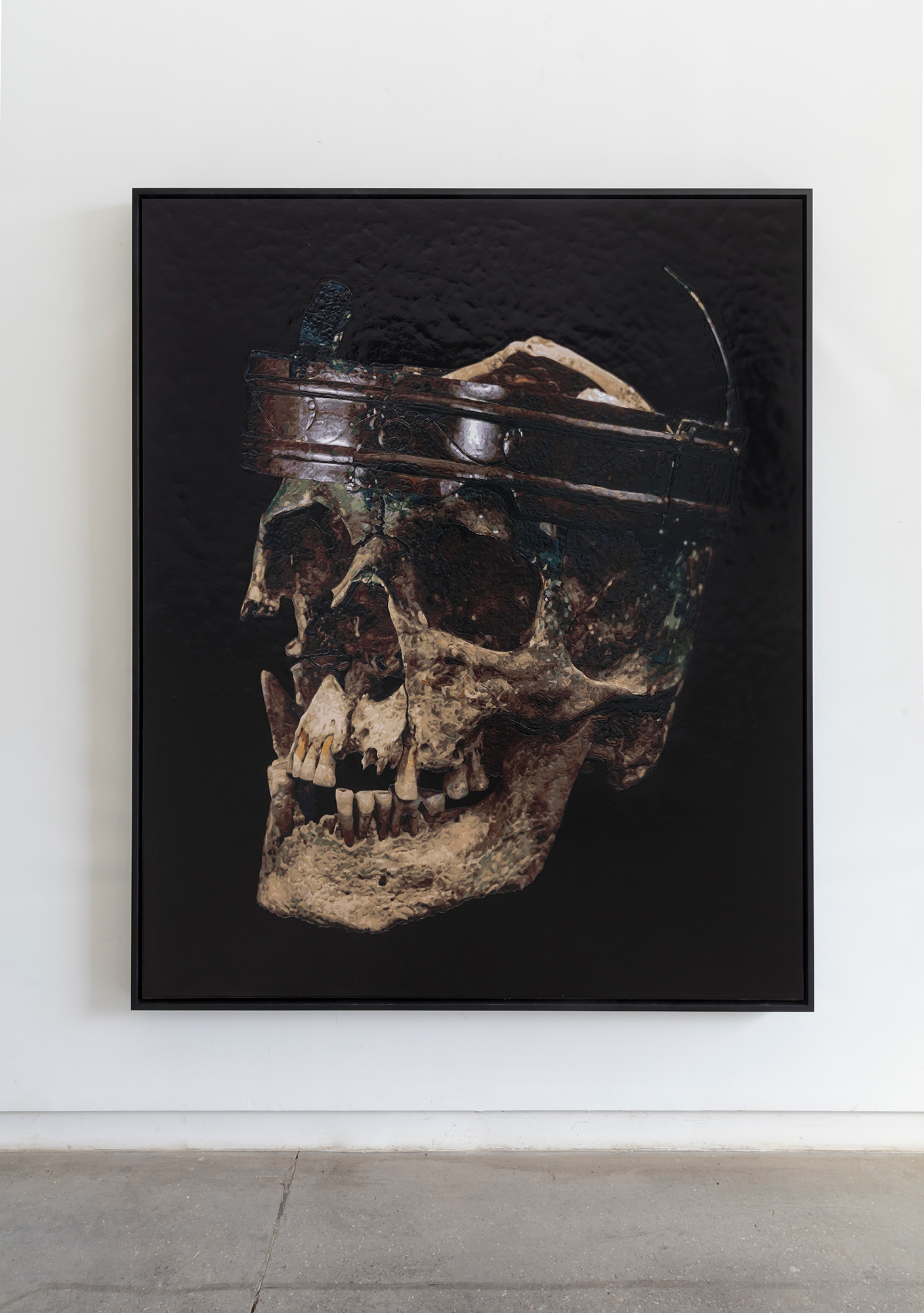  Dorian FitzGerald,  Iron Age Skull and Crown (Warrior or Druid), Kent, United Kingdo m, 2017, acrylic on canvas mounted to board, 78 x 68 inches 