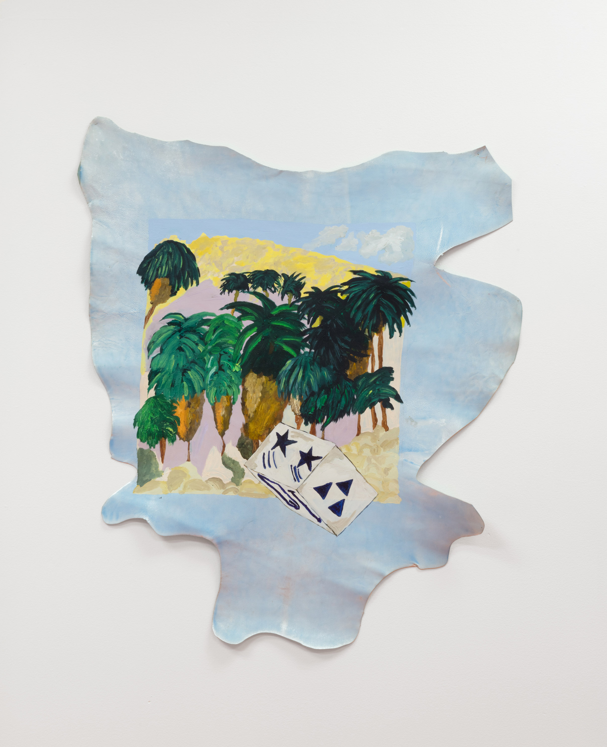  Micah Wood,  29 Palms Oasis , 2019, acrylic on leather, 36 x 29 inches 