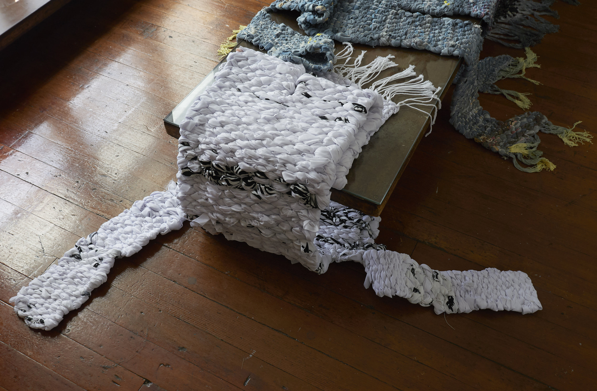  “Raichō” 2019, Nina Wiesnagrotzki, hand-woven carpets, different fabrics and plastic foil, strings 