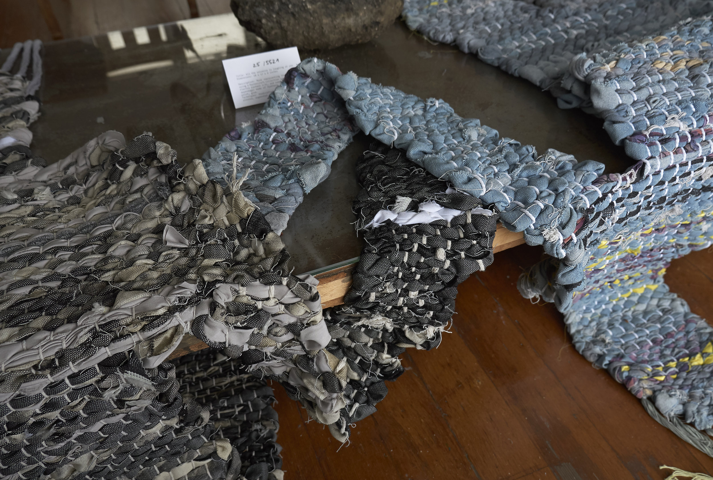  “Teiko”, 2019, Nina Wiesnagrotzki, hand-woven carpets, different fabrics and plastic foil, strings 