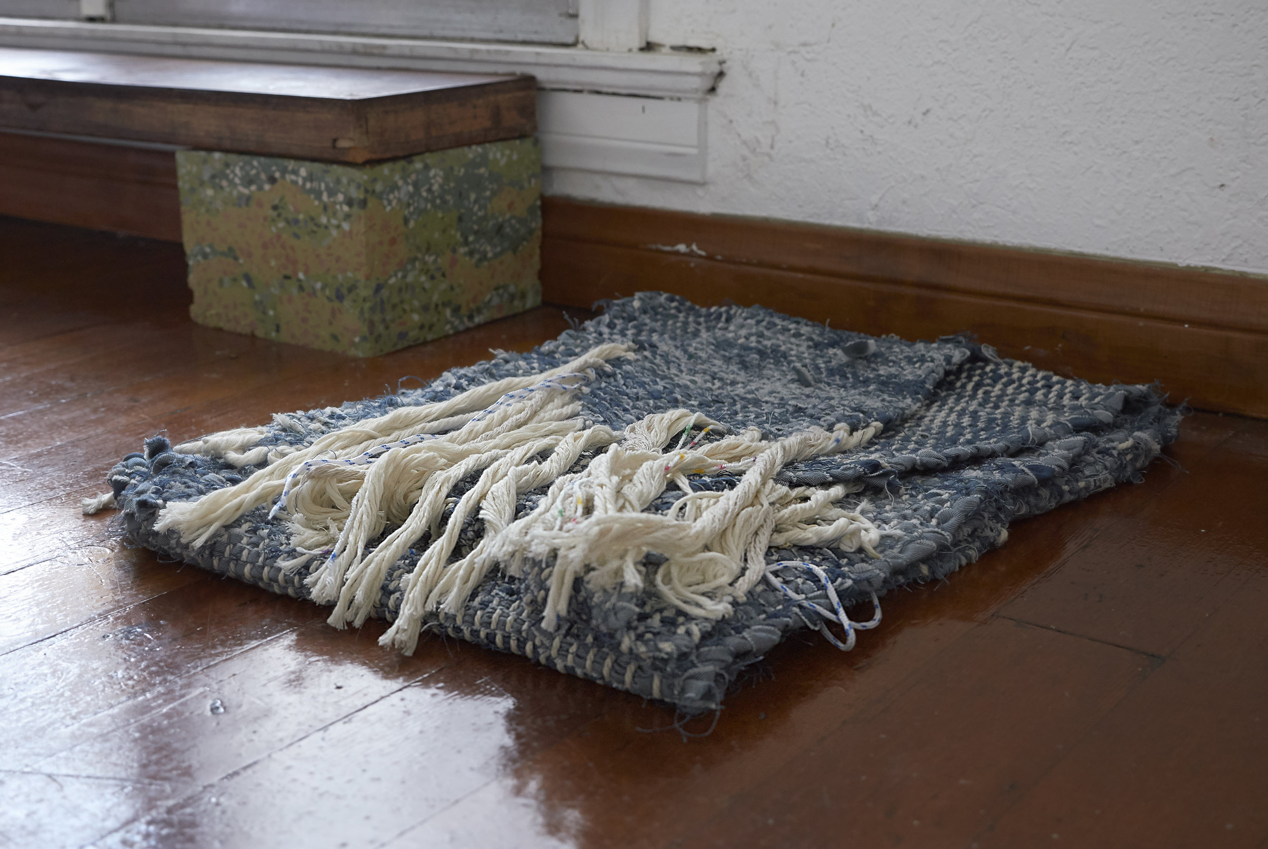  “Yoshiko”, 2019, Nina Wiesnagrotzki, hand-woven carpets, different fabrics and plastic foil, strings 