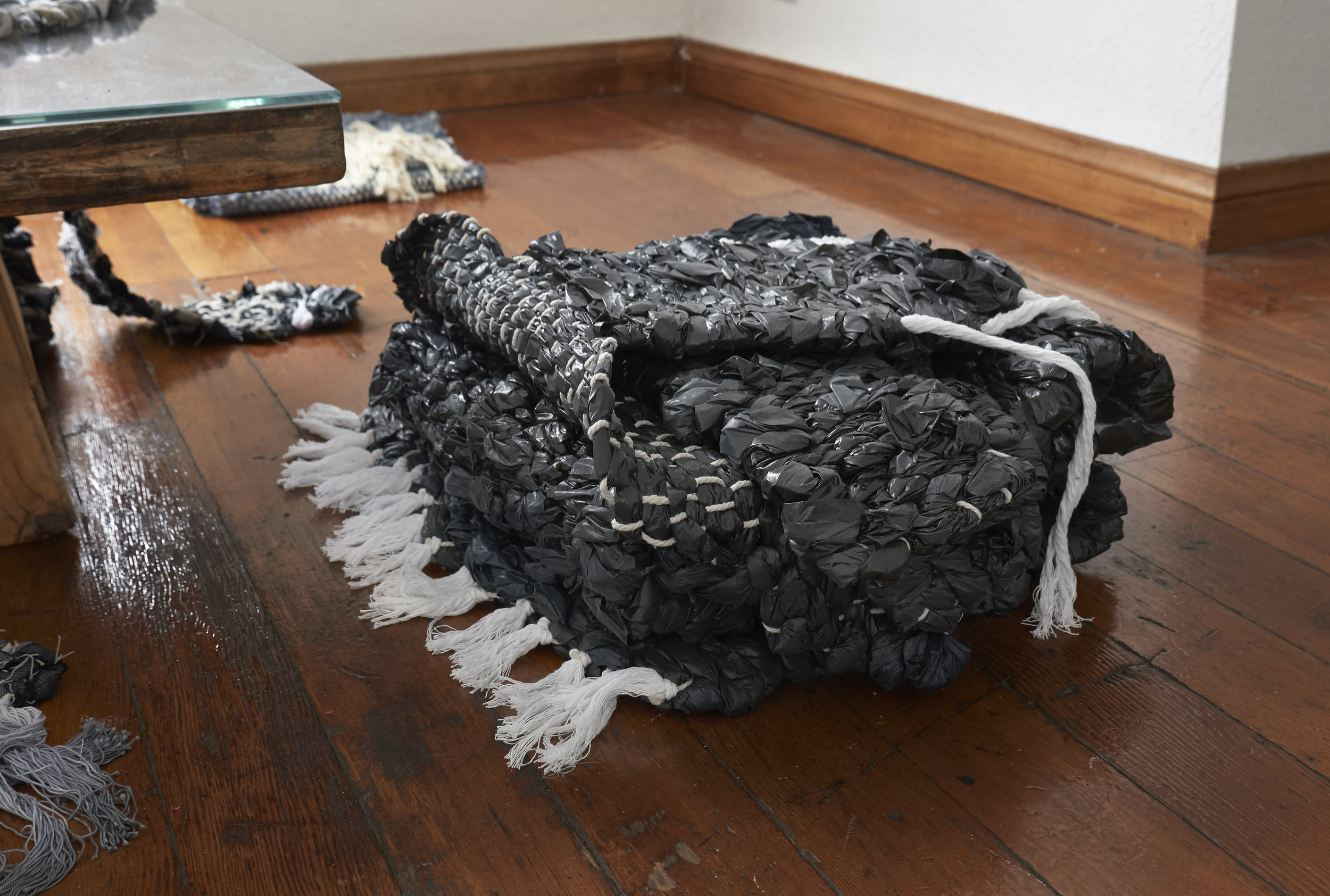  “Hatsuko”, 2019, Nina Wiesnagrotzki, hand-woven carpets, different fabrics and plastic foil, strings 