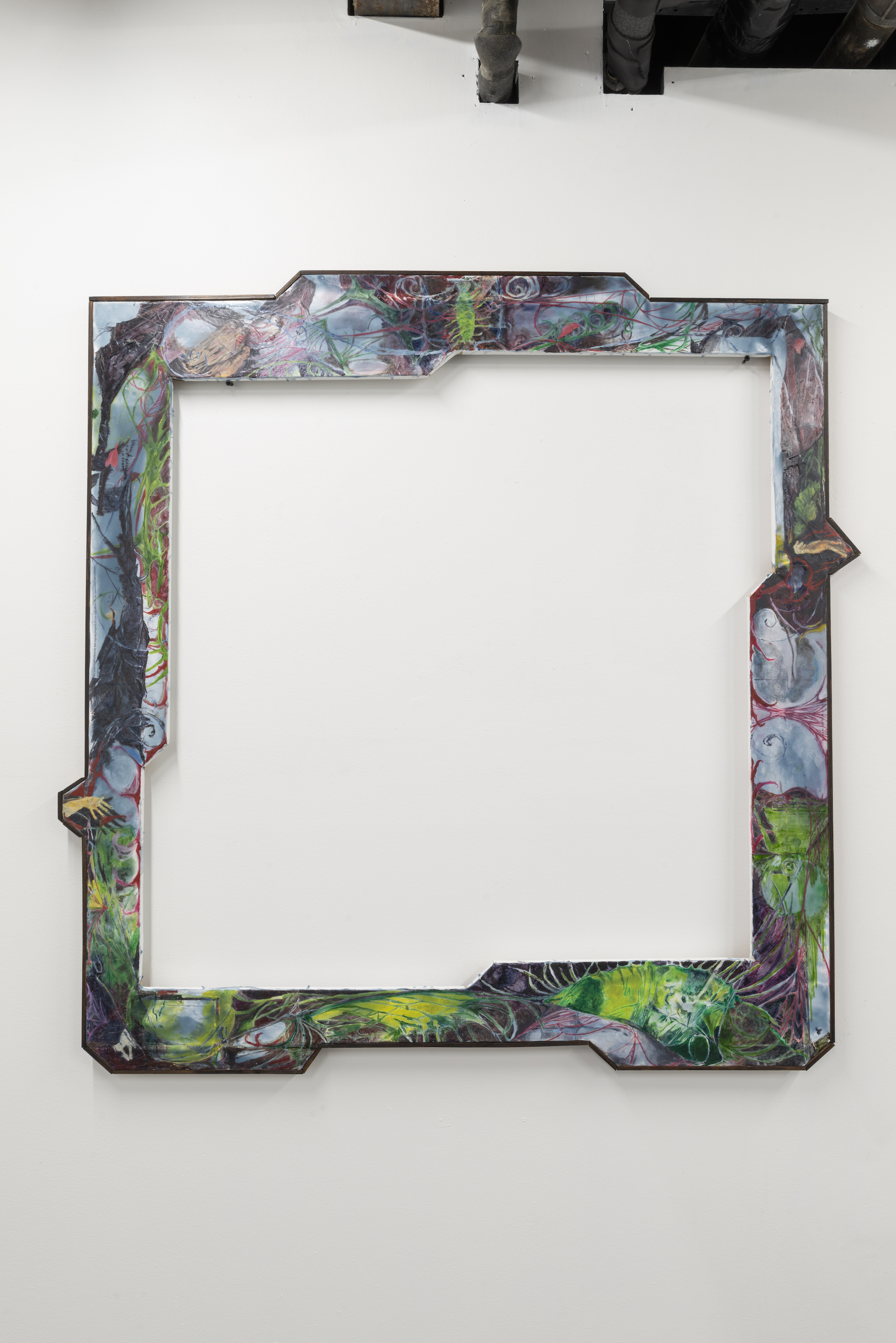  Nikholis Planck,  Interview Questions,  2019, Water soluble oil and collage on wax on canvas mounted to wood in walnut stained artist frame 46.75 x 46.5 inches 