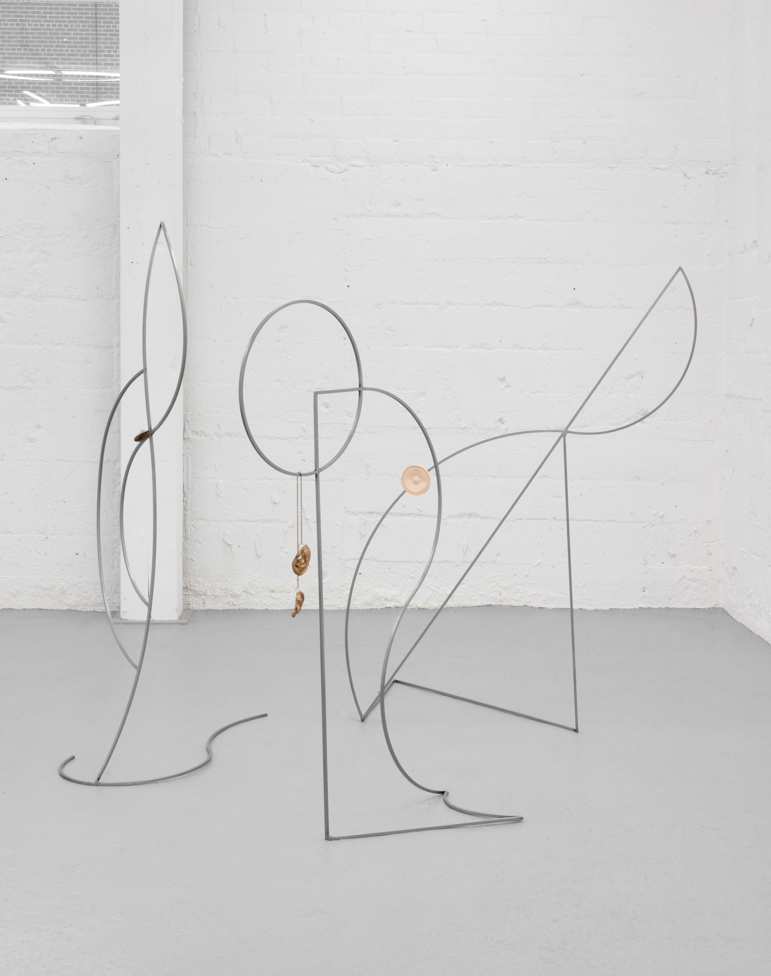  Laura Piasta,  Support Figure for Ears,  2019, Steel, Copper Chain, Bronze Cast of Artists’ and Artists Husbands Ears 42 x 23 x 12 in (107 x 58.5 x 30 cm) 