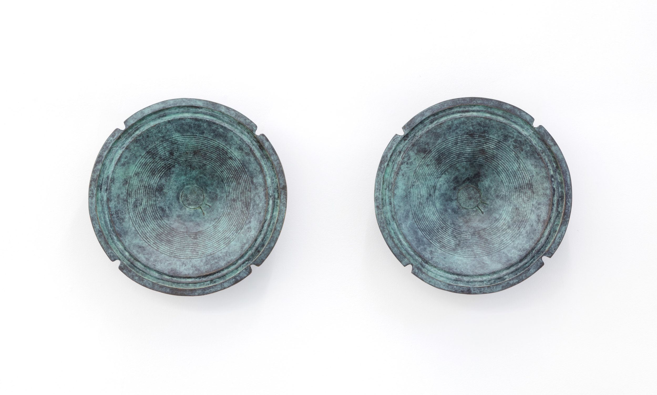  Laura Piasta,  Good Vibrations (One),  2016, Patinated Bronze, Each speaker is 12 in (30 cm) diameter 