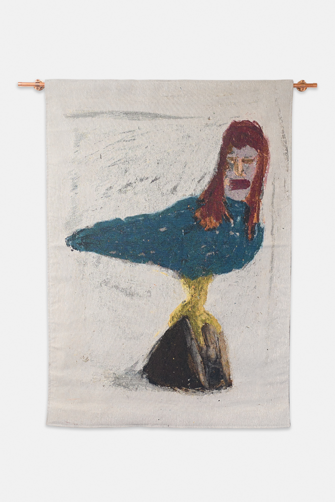   Killjoy perched , 2019, Cotton Jacquard tapestry, 40”x53” as shown 