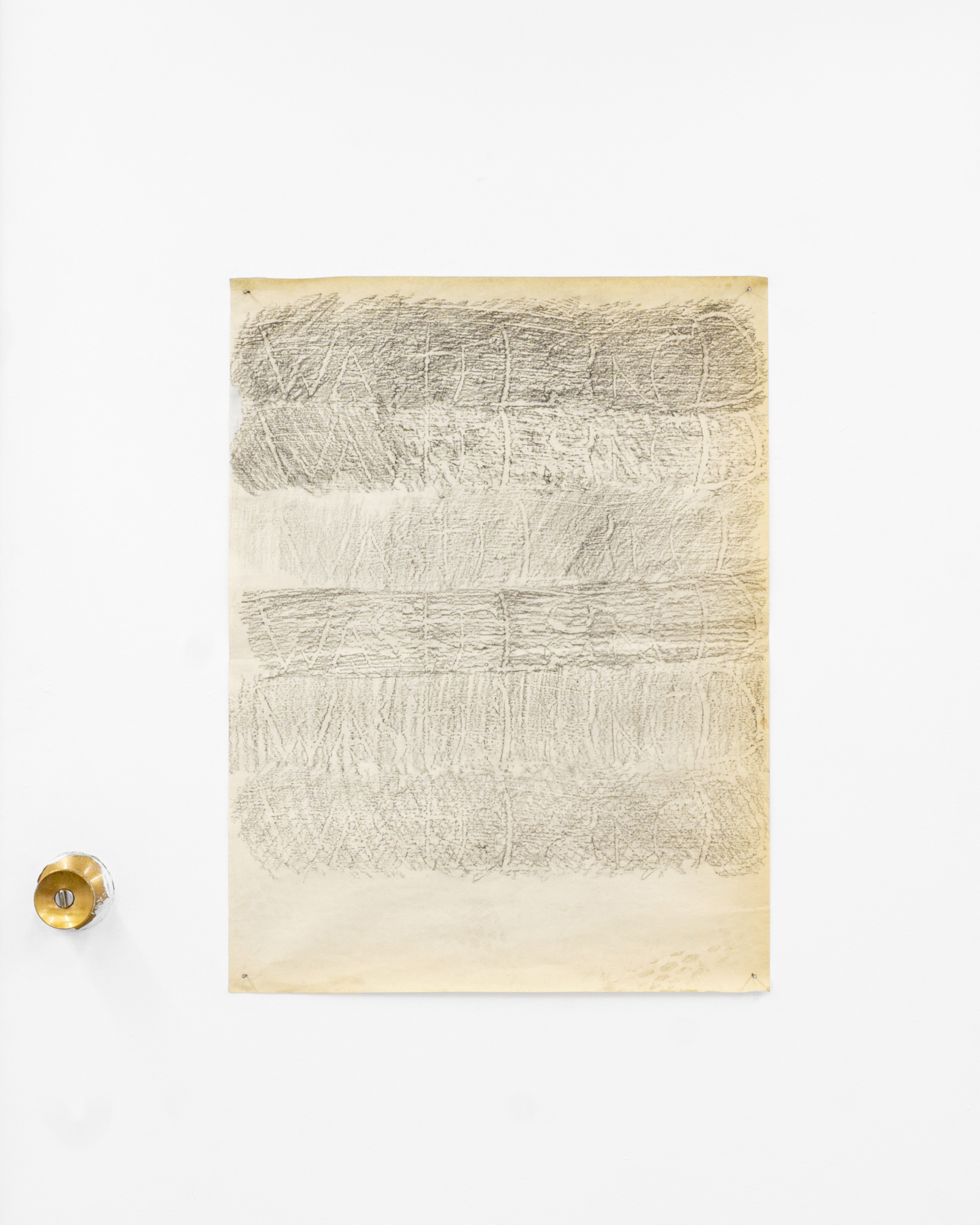  Garrett Lockhart, “WASTELAND,”2019, Lumber crayon, found paper, salvaged nails, 24x18” 