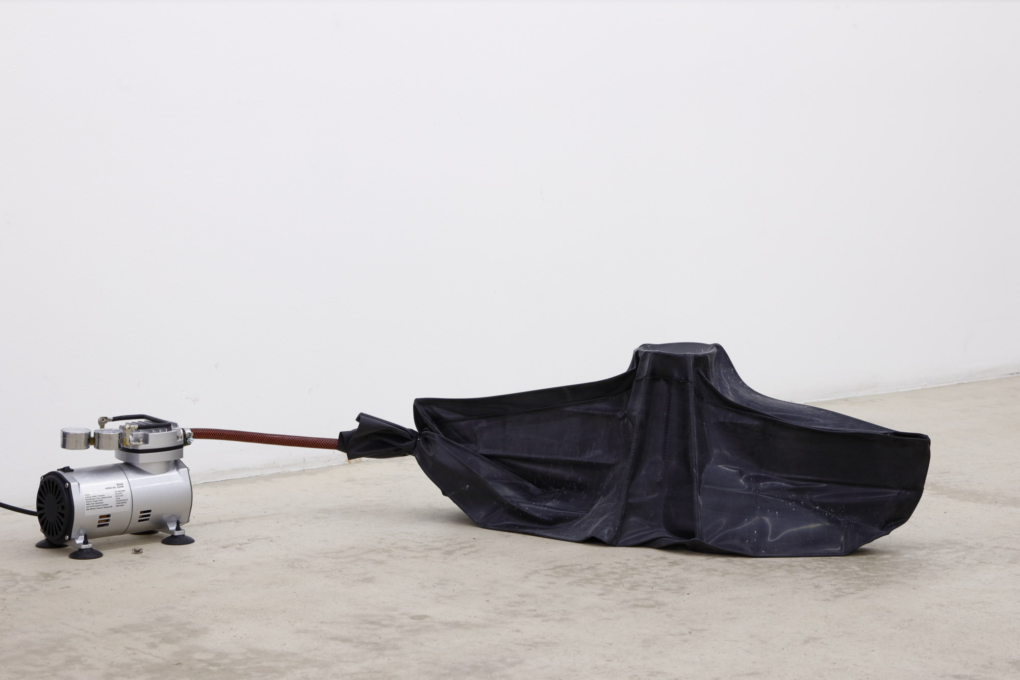  Evita Vasiļjeva, “Loat”, 2019, latex, steel, compressor, cable ties, plastic, cardboard 