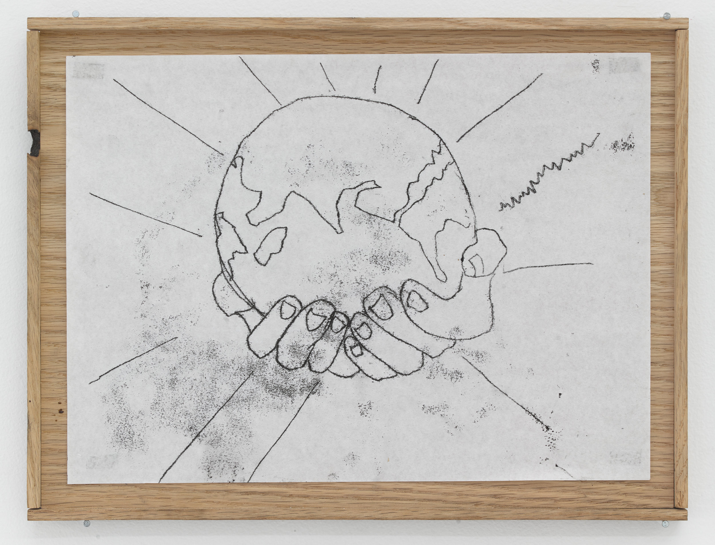 Maddy Parrasch,  Untitled (The World) , 2018, Ink monoprint in artist-made wooden frame 9 1/4 × 12 3/4 inches   